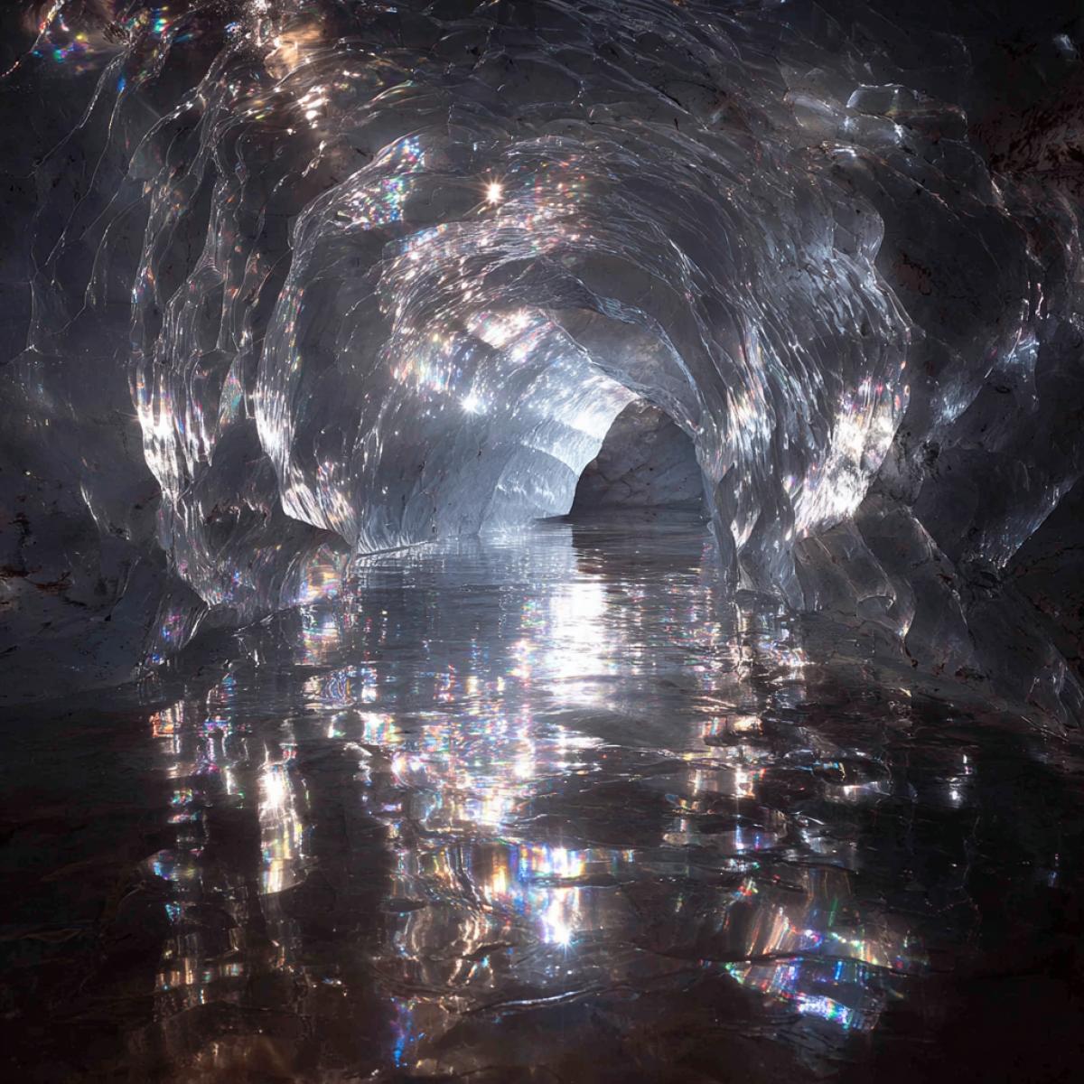 Photoredistically. An ice cave playing with various shades of color. Sparkling and silvering