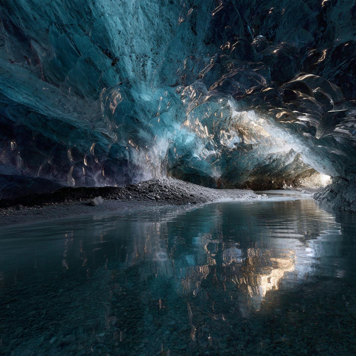 Photoredistically. An ice cave playing with various shades of color. Sparkling and silvering