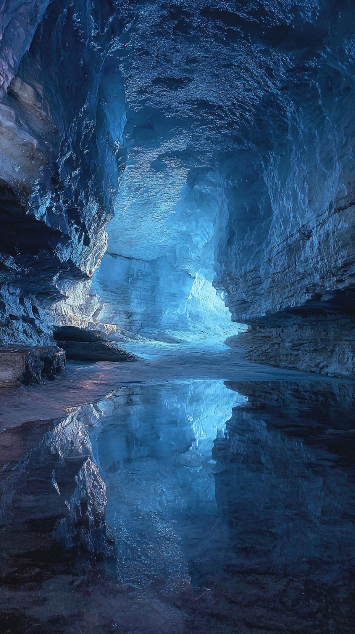 The interior of the ice cave. The scale, ice texture and the game of light are rays, walls, crystalline formations, frozen stalactites/stalagmites, reflection in reservoirs inside the cave, traces of humans and animals. Neon light