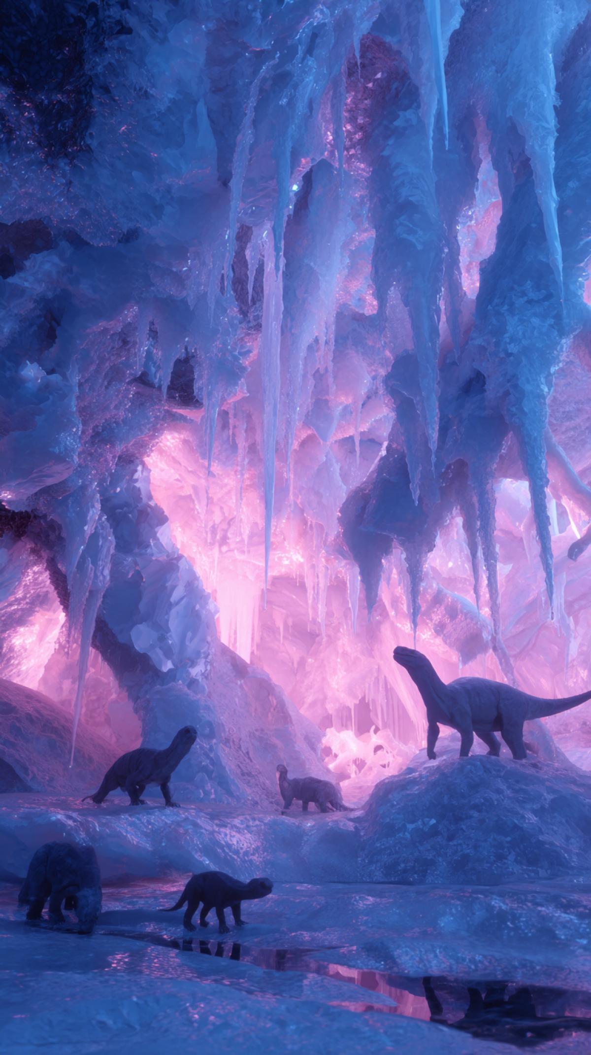 The inner space of an ice cave with animals, for example, a dinosaur. The scale, ice texture and the game of light are rays, walls, crystalline formations, frozen stalactites/stalagmites, reflection in reservoirs inside the cave, traces of humans and animals. All in neon light.