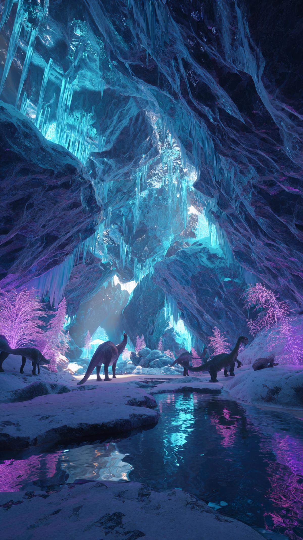 The inner space of an ice cave with animals, for example, a dinosaur. The scale, ice texture and the game of light are rays, walls, crystalline formations, frozen stalactites/stalagmites, reflection in reservoirs inside the cave, traces of humans and animals. All in neon light.