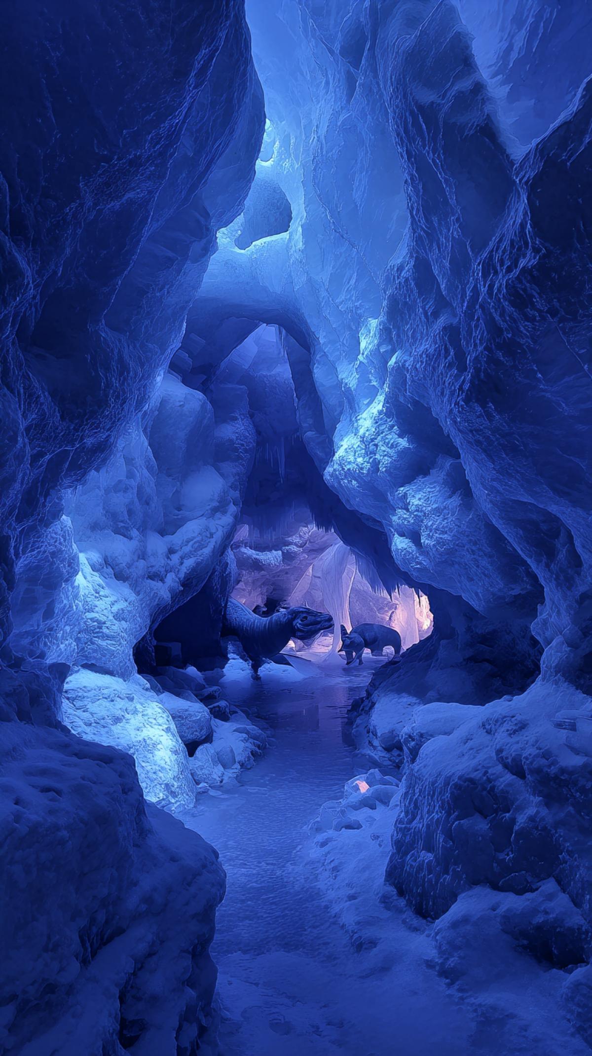 The inner space of an ice cave with animals, for example, a dinosaur. The scale, ice texture and the game of light are rays, walls, crystalline formations, frozen stalactites/stalagmites, reflection in reservoirs inside the cave, traces of humans and animals. All in neon light.