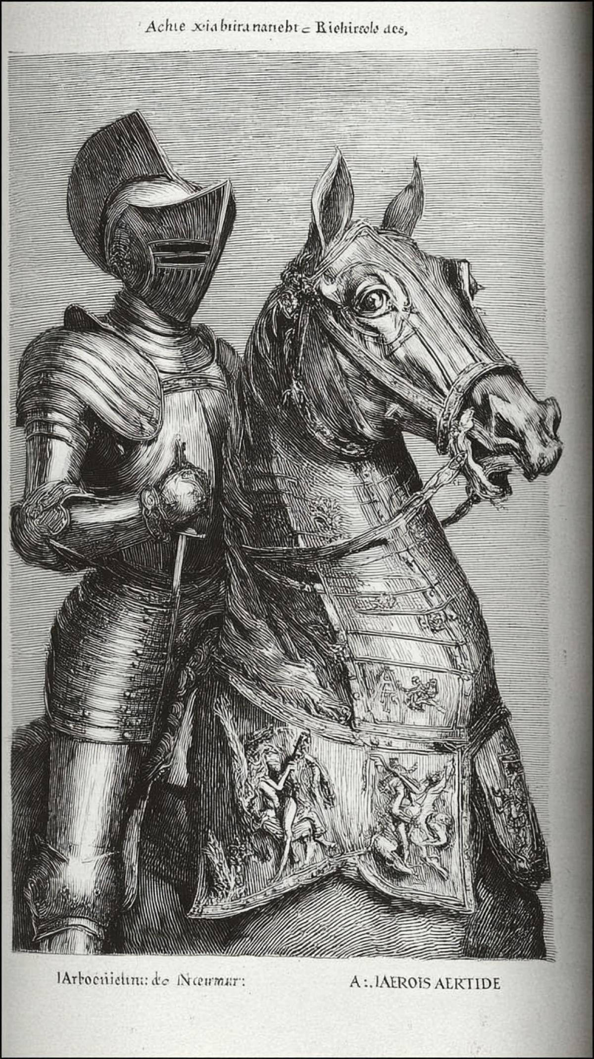 German armor, knights armor, horses armor, engraving in a book