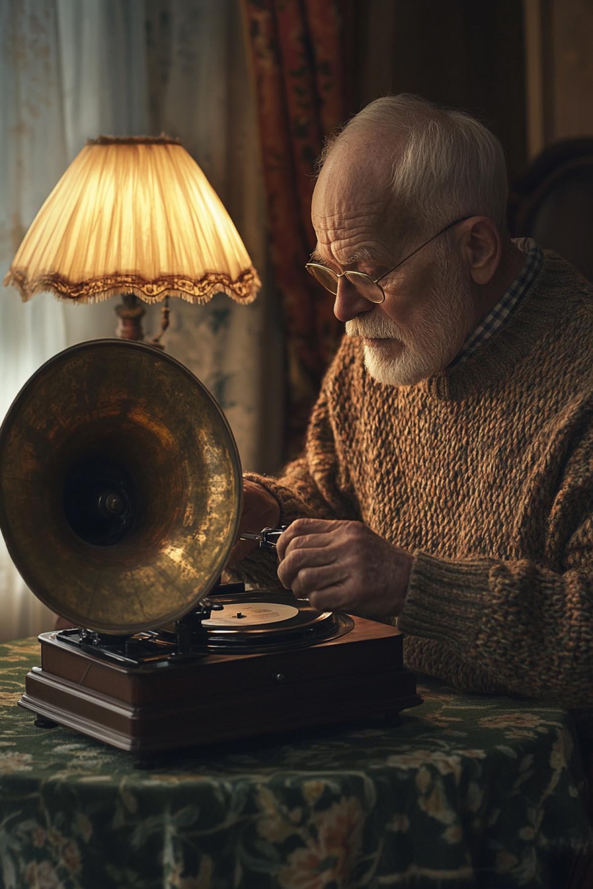 At a table covered with green felt sits a nostalgic grandfather in a knitted sweater. He gently turns the crank of an old gramophone (pathephone), which is the focal point of the com4k. Horn-rimmed glasses rest on his nose. The soft glow of a retro lamp with a fabric shade highlights the gramophone’s brass horn and wooden casing, creating a warm, almost 4k atmosphere.
