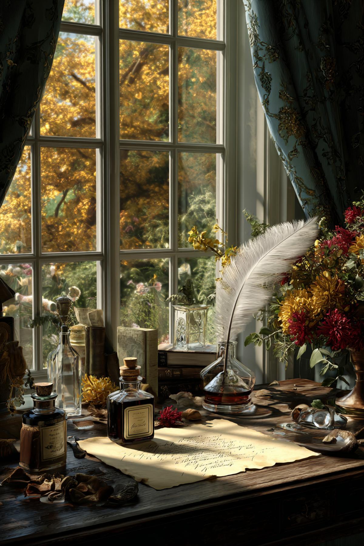 Eighteenth century poets bureau with presspapier quill and inkpot in front of wideopen window into morning garden golden fall detailed photorealistic art
