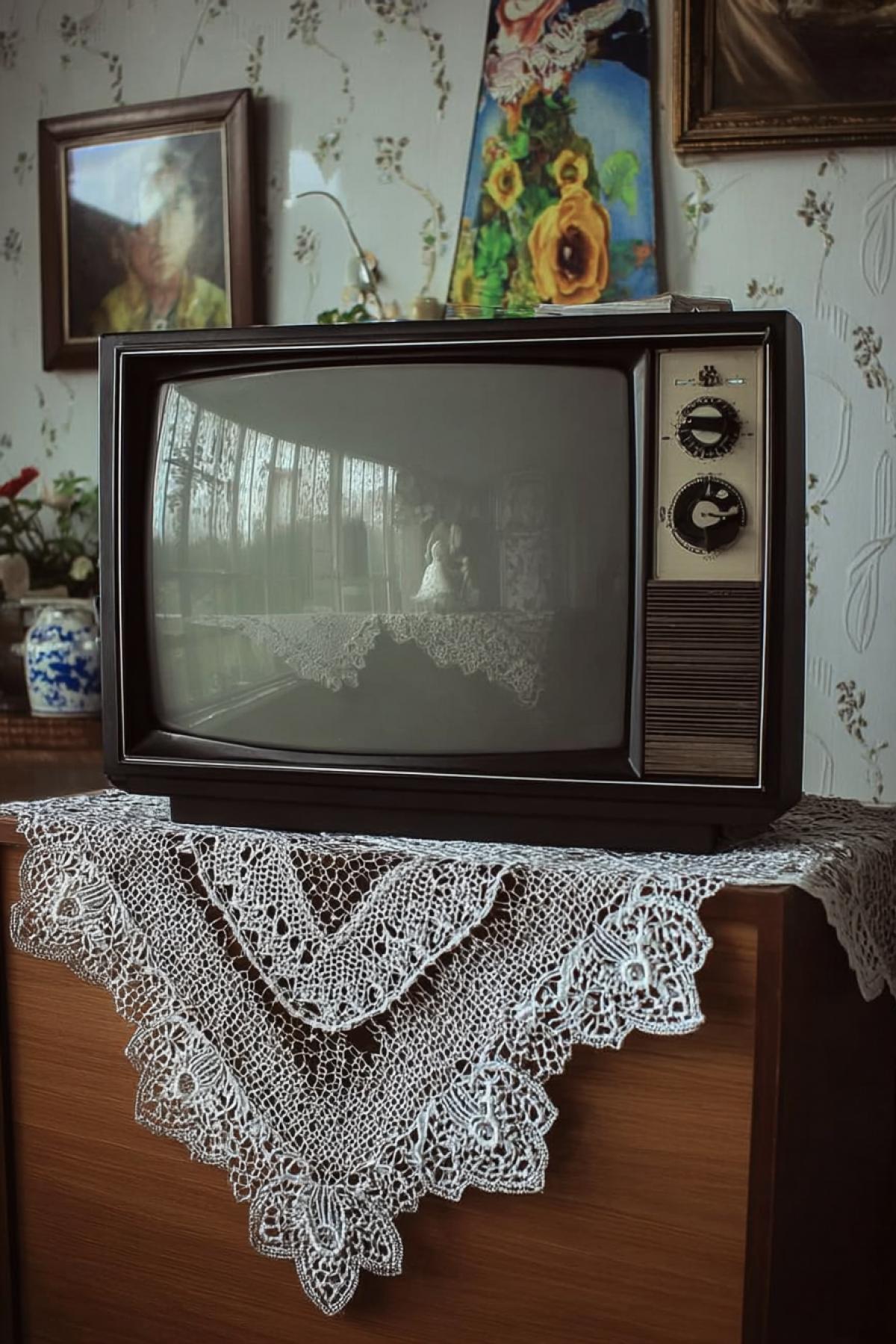 An old television set is draped with a lace doily, creating an atmosphere of nostalgic charm that exudes old-school vibes.
