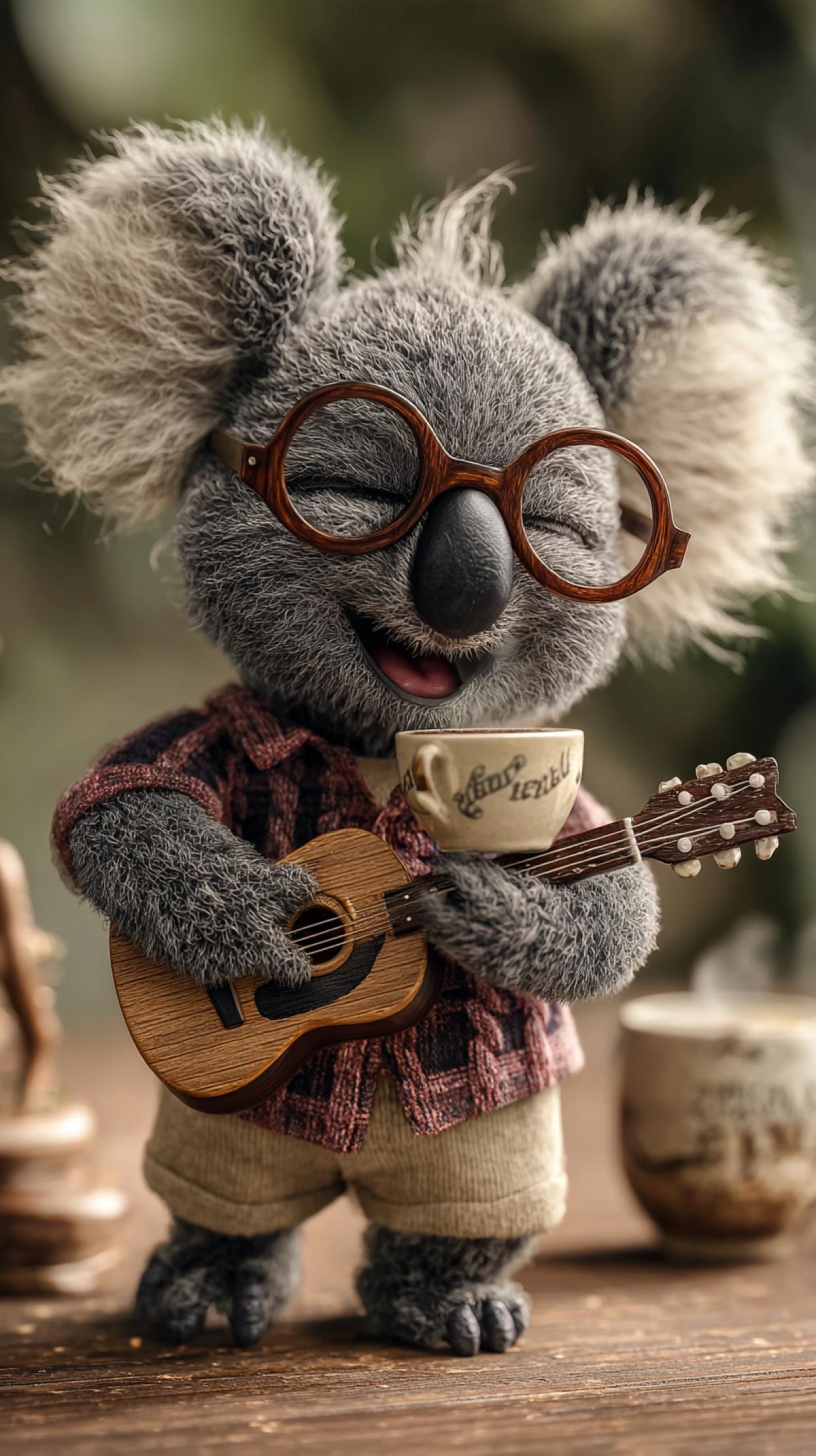 Generate the image of the koala in a cheerful, unexpected or curious situation-for example, a koala with glasses that drink cappuccino in a cafe, plays a mini-guitar, hides in a big eucalyptus sheet or arranges a picnic with toys.