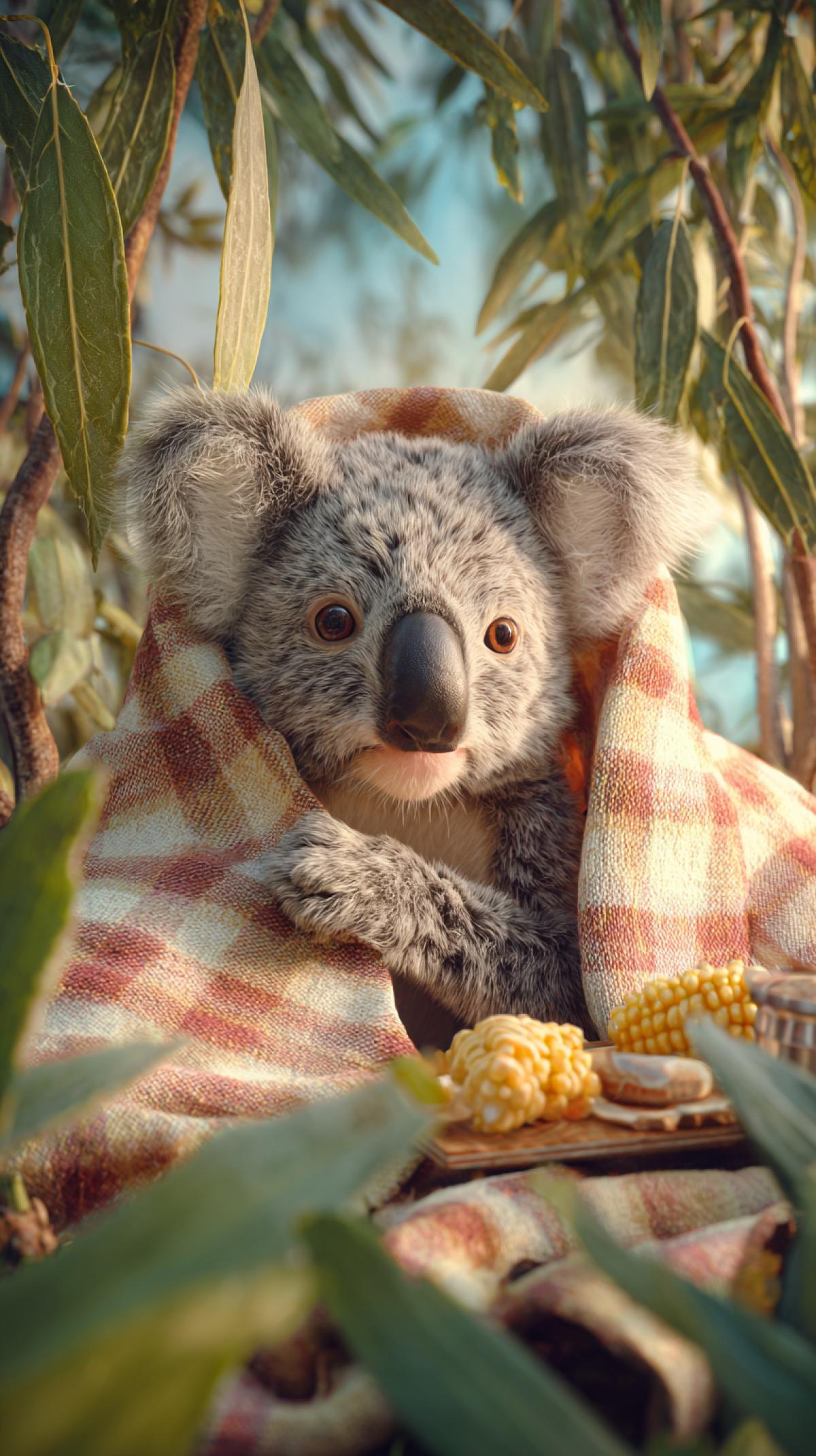 Generate the image of the koala in a fun, unexpected or curious situation for example, a koala that is hiding in a big eucalyptus sheet and arranges a picnic with toys there.