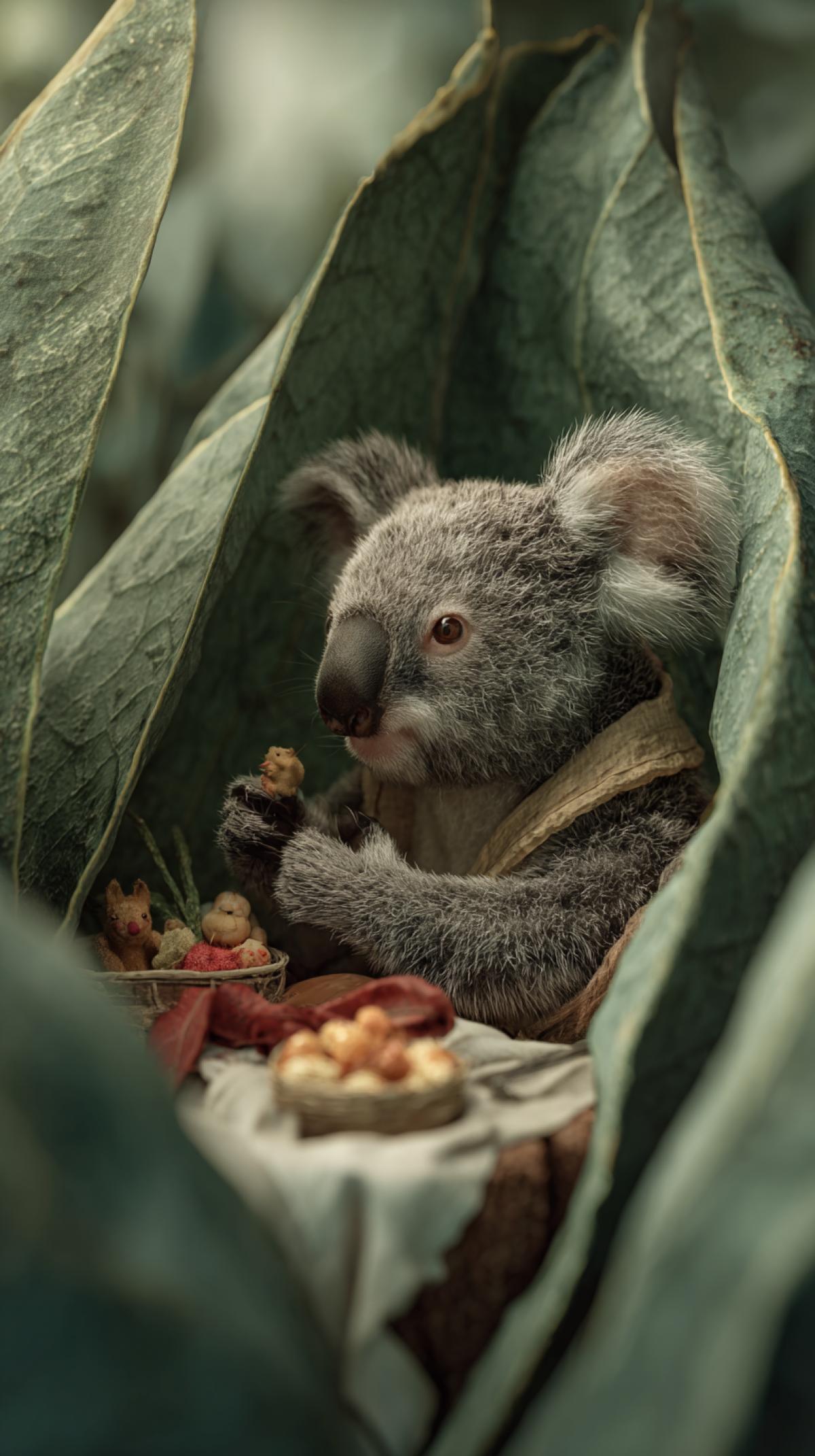 Generate the image of the koala in a fun, unexpected or curious situation for example, a koala that is hiding in a big eucalyptus sheet and arranges a picnic with toys there.
