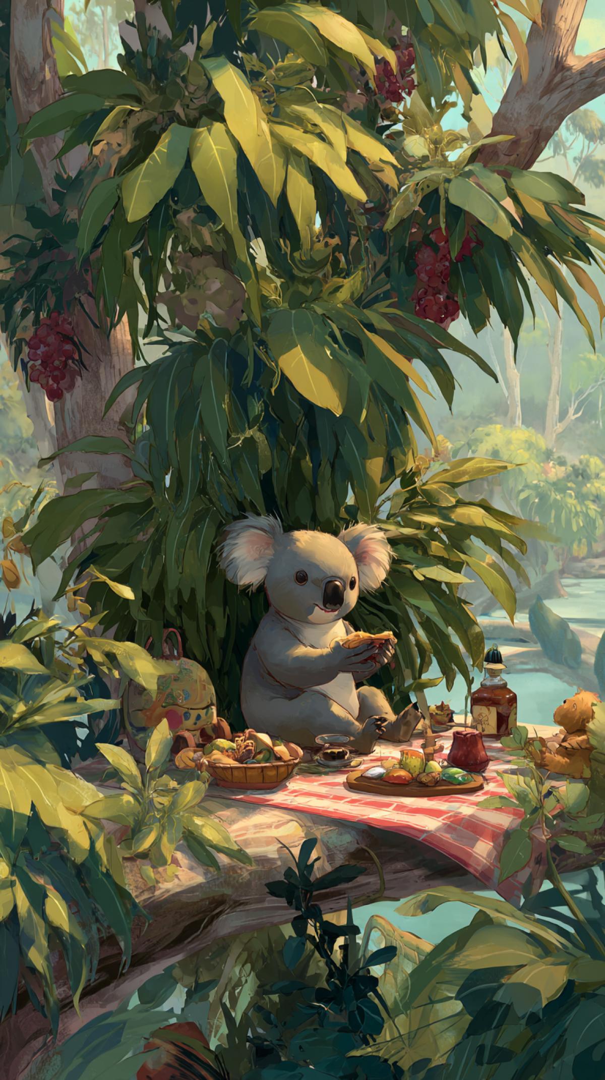 Generate the image of the koala in a fun, unexpected or curious situation for example, a koala that is hiding in a big eucalyptus sheet and arranges a picnic with toys there.