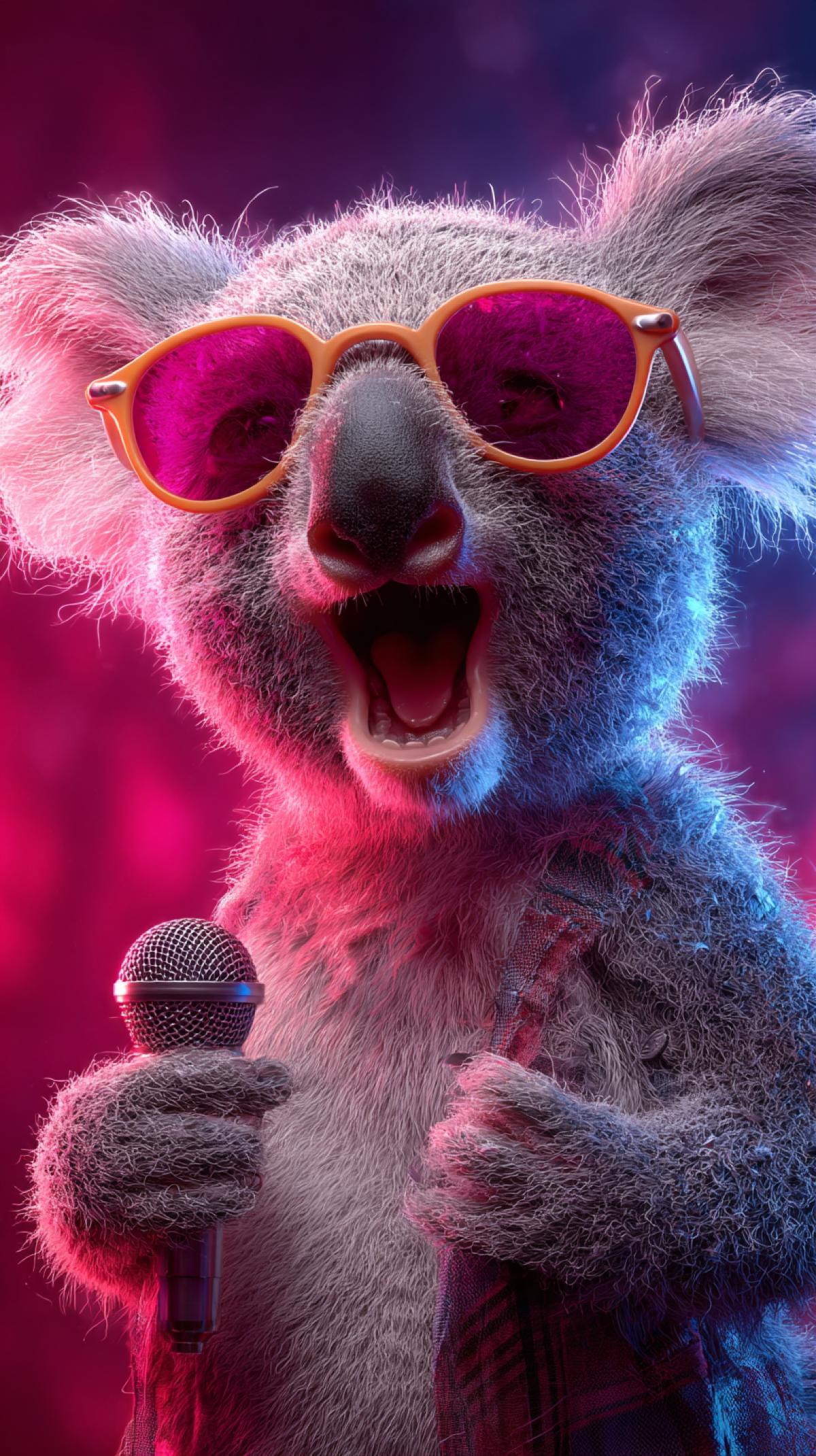 Generate the image of the koala in a cheerful, unexpected or curious situation for example, a koala in fashionable glasses that sings in a club in karaoke in neon color