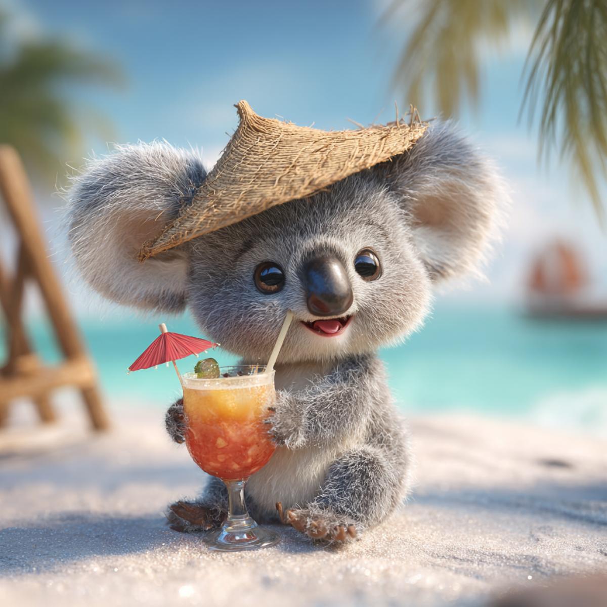 cute and adorable koala on the beach, palm tree, cocktail, , straw hat, sun umbrella, ship at sea, sun, joy
