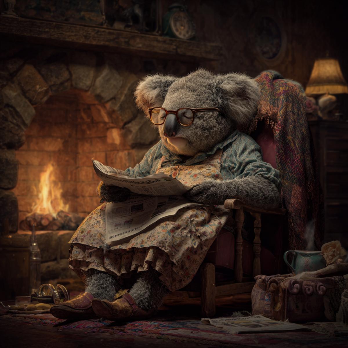 anthropomorphic koala old lady in a dress, sitting in a chair by the fireplace, sleeping, glasses, blanket, newspaper almost falling out of her paws