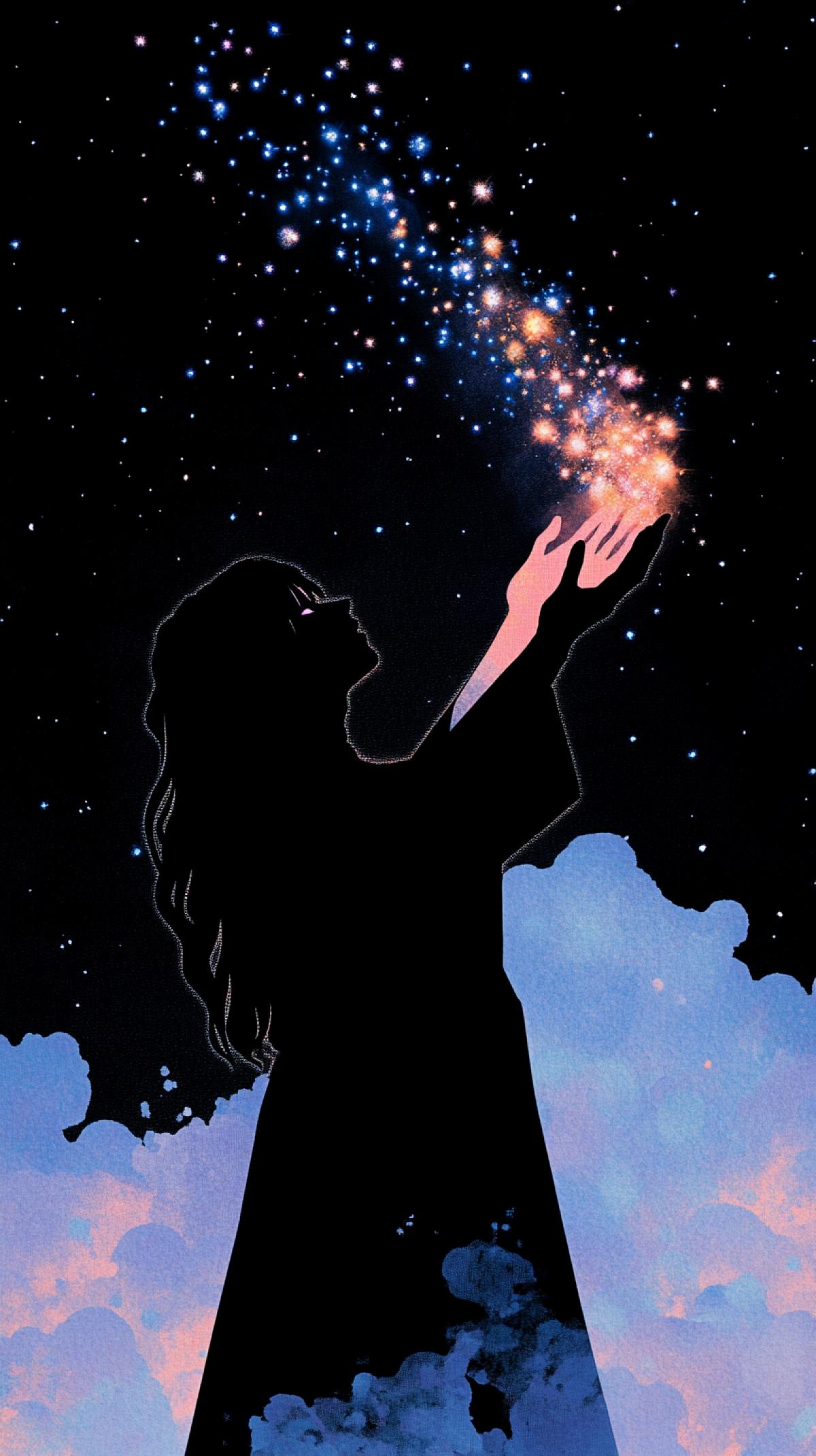 fireshow, place of power after deficit of emotions throwing in of blue yellow red violet light spiral lines around dancing dementor silhouette against background of smoke and stars, sparkling, dramatic lighting, epic, surrealism, sfumato