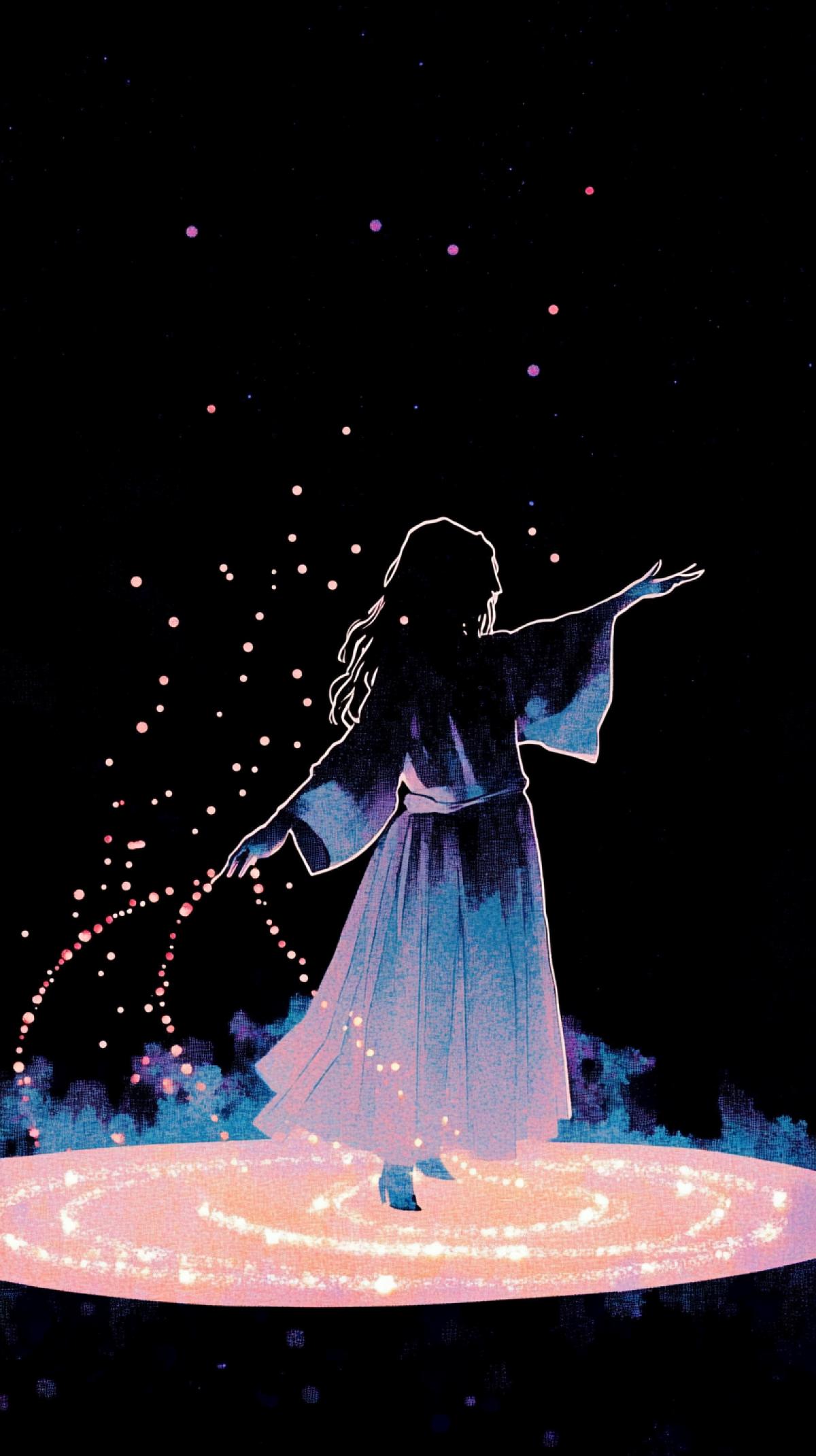 fireshow, place of power after deficit of emotions throwing in of blue yellow red violet light spiral lines around dancing dementor silhouette against background of smoke and stars, sparkling, dramatic lighting, epic, surrealism, sfumato