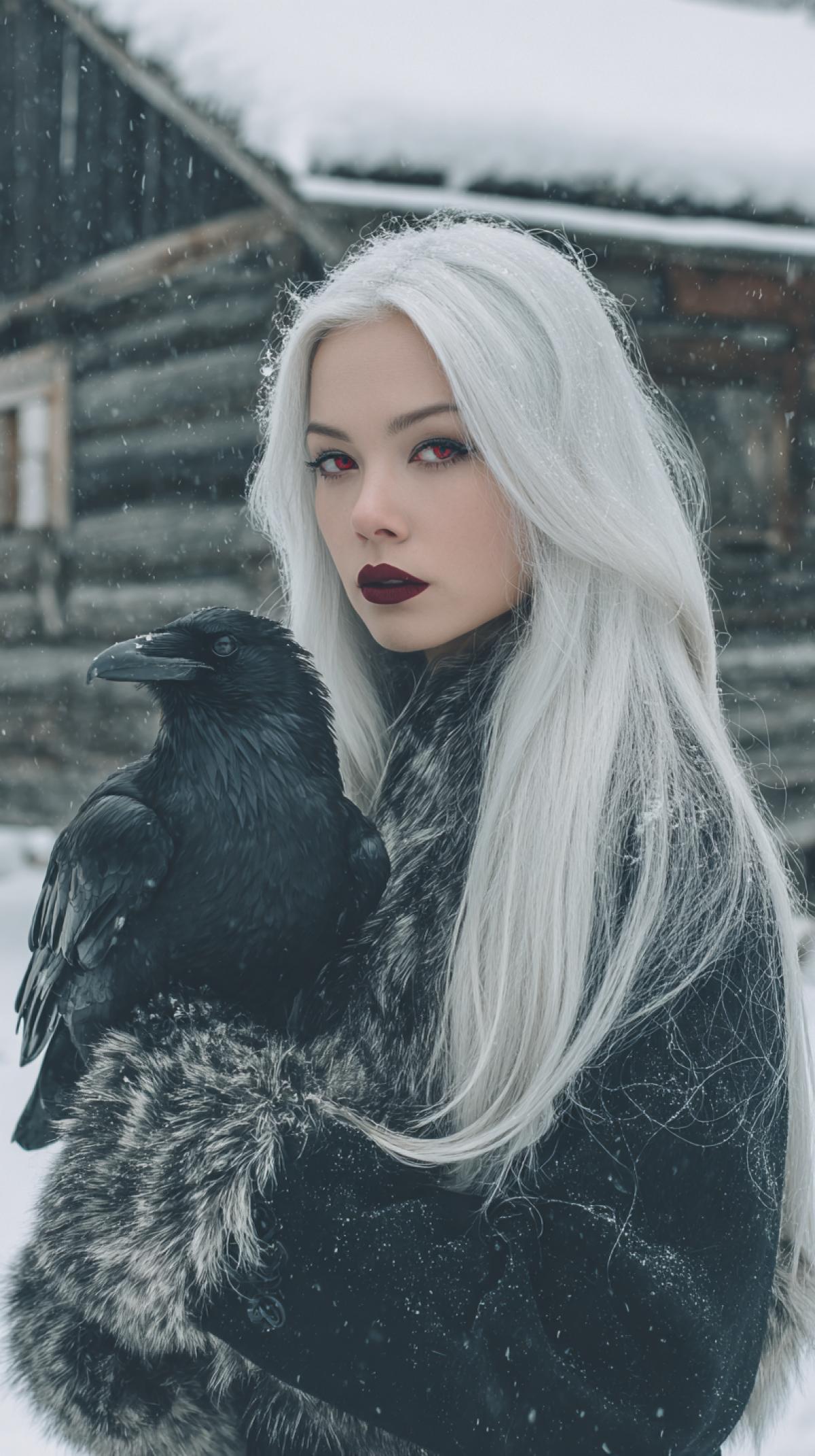 Photography of a beautiful, pale woman with long white hair, red eyes and dark lipstick standing in the snow near the old Russian village house. On her shoulders she has a large fluffy fur coat, and a dark raven sits on her hand. Style is a fantastic art with dark cinematic aesthetics.