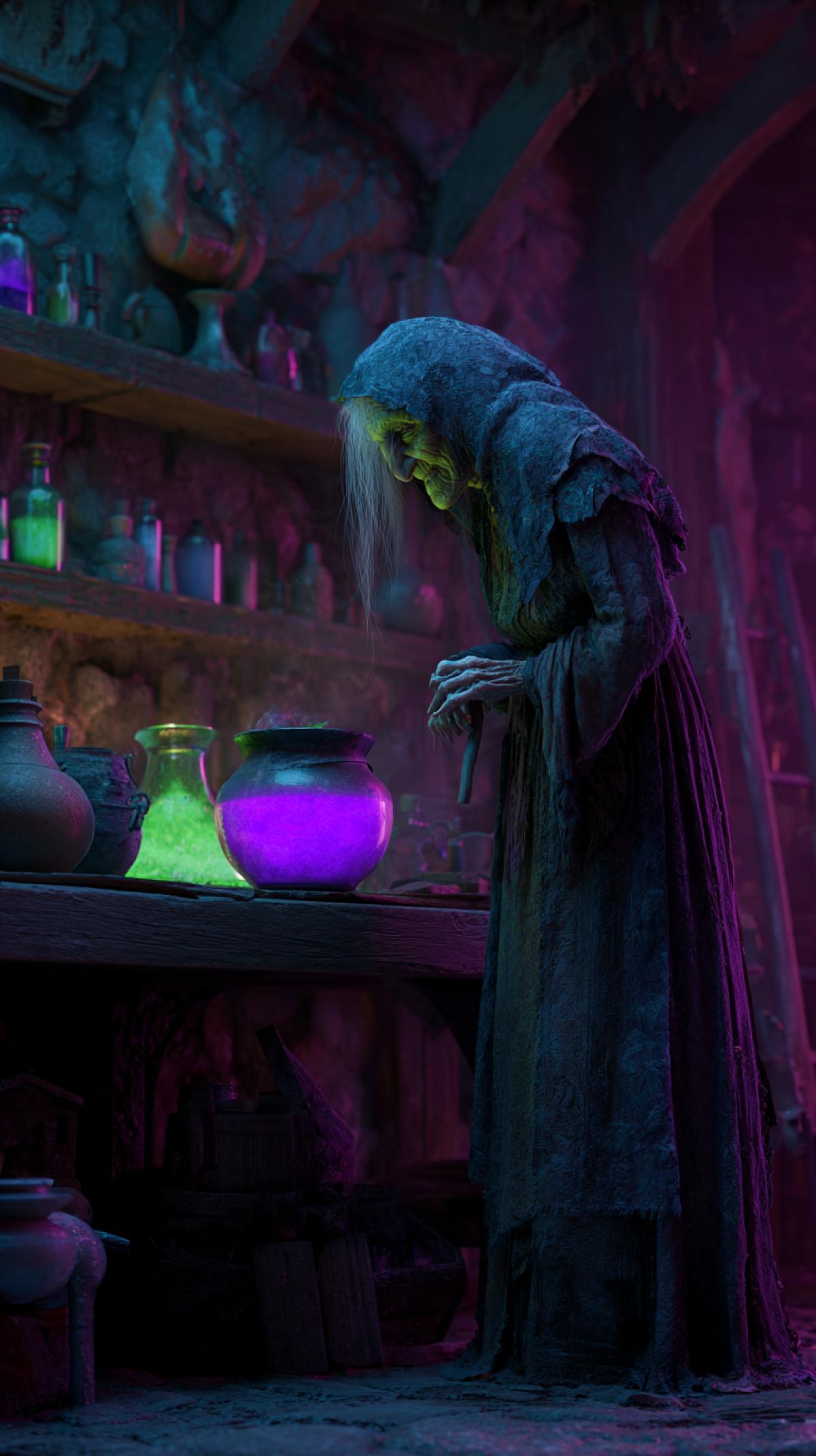 An old evil witch, darkness, wooden hut, a potion with a potion, purple and green color, a luminous potion, a character 3D fantasy games, 3D Render