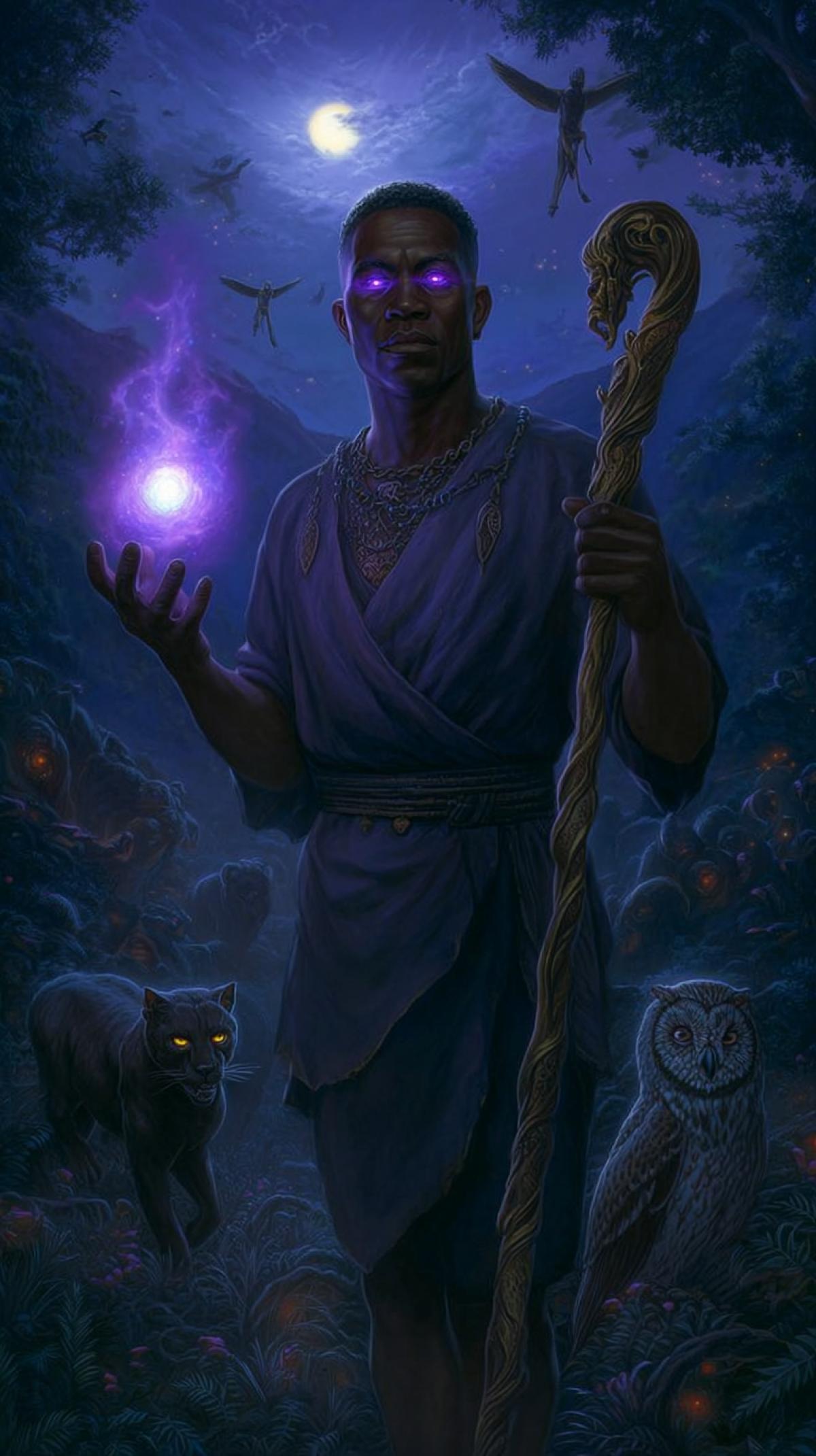 A darkskinned man with luminous purple eyes holds an elegant richly decorated wooden staff, a luminous purple ball, a man standing in the moonlight above the staff of energy. Behind him is dark panthers and owls. A man in the image of an ancient African magician. The scene takes place in a forest glade at night, in the style of fantastic art.