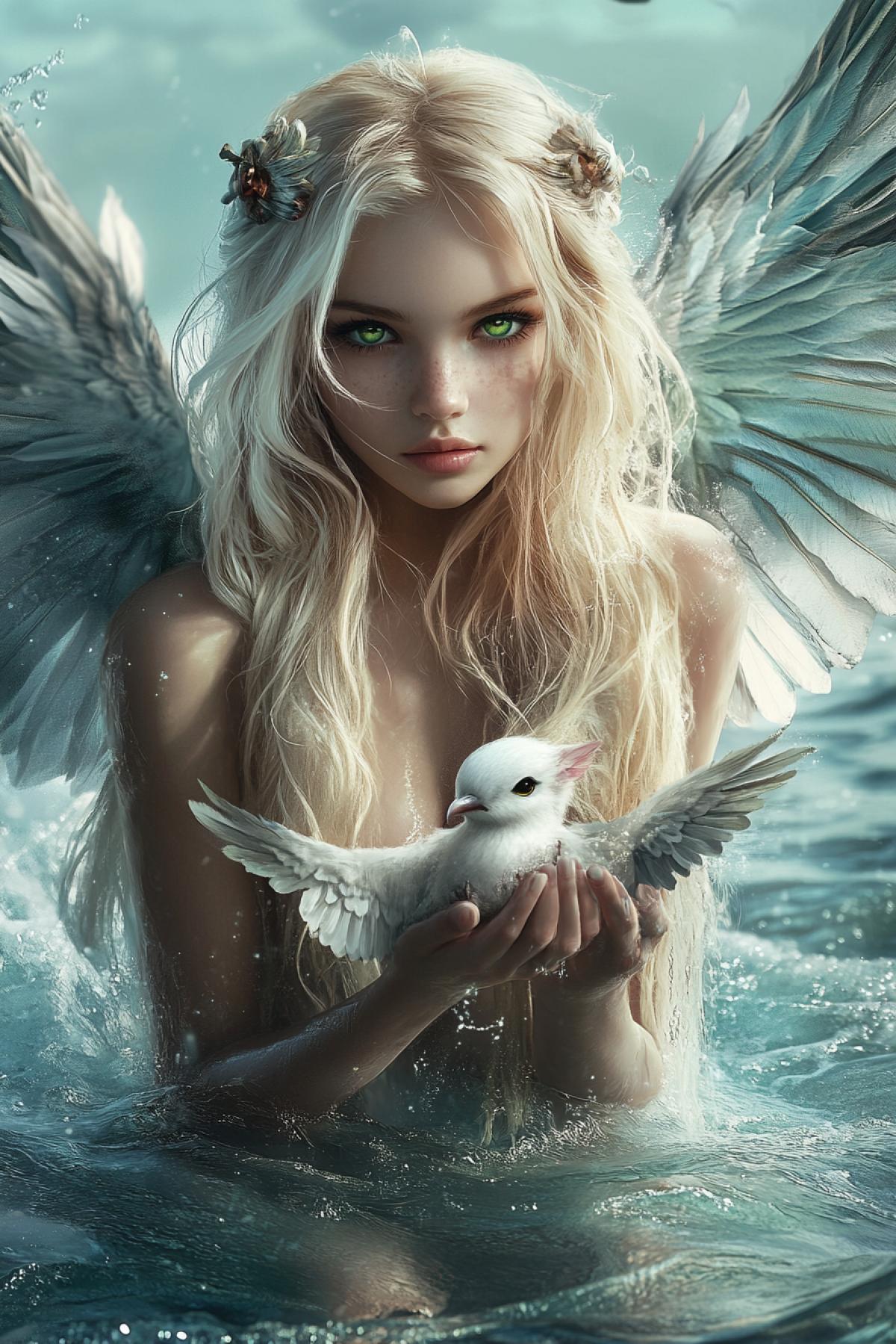 Beautiful girl blonde with wings flies in the ocean, her eyes are greeneyed and in her hands a cute animal