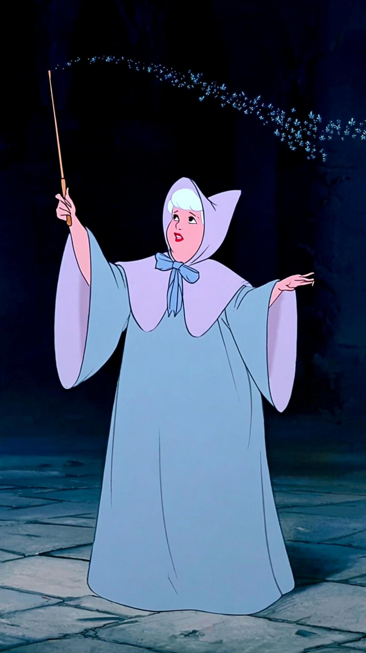 Fairy Godmother with a magic wand, Disneys Cinderella cartoon 1950