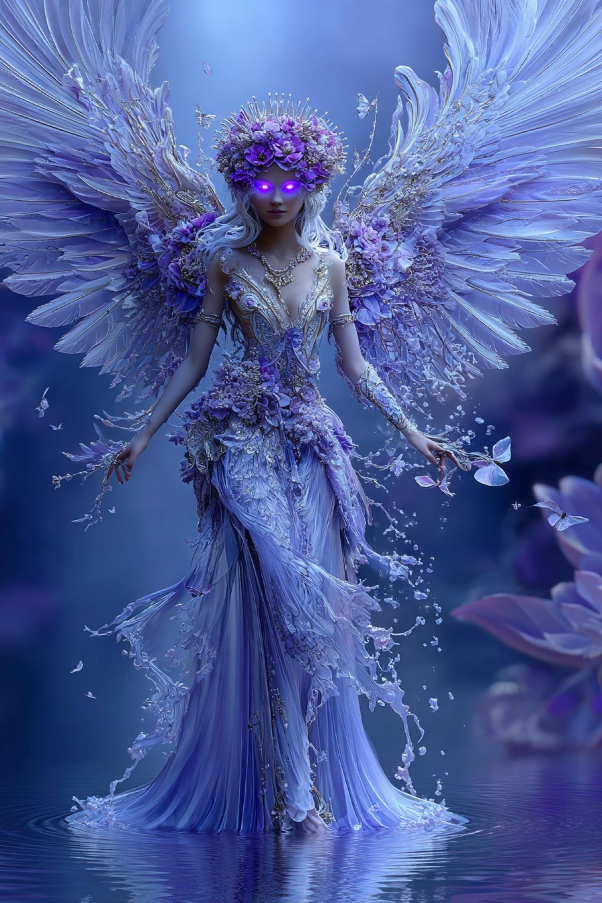 Futuristic fantasy art | A celestial being with ethereal blue and white tones, adorned with intricate wings, a floral crown, and glowing purple eyes, surrounded by cascading water-like patterns | Lighting creates a stark contrast, Vibrant, dreamlike setting with a gradient blue background and a reflective surface that mirrors the figure’s form | Full view capturing the delicate details of the wings, flowing hair, and ornate accessories | Soft, ambient lighting with a cool, icy palette to enhance the otherworldly atmosphere | Serene; mystical; aquatic ar 16:9  style raw  v 7  stylize 750