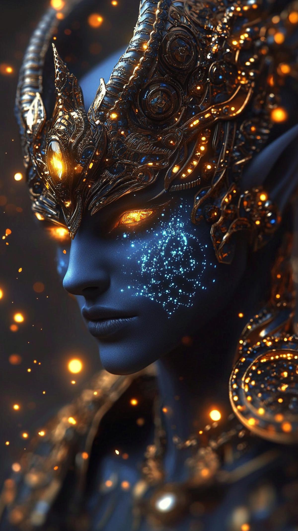 A creature with blue skin, glowing blue patterns on the . Luxurious golden ornament, precious stones. Nearby is a dragon with golden glowing eyes and a bright glow from scales/details. Flickering lights in the air. Mystical, magical atmosphere of the night. Contrast of blue and gold tones. High detail of skin, metal, glow. Deep background with light fog.