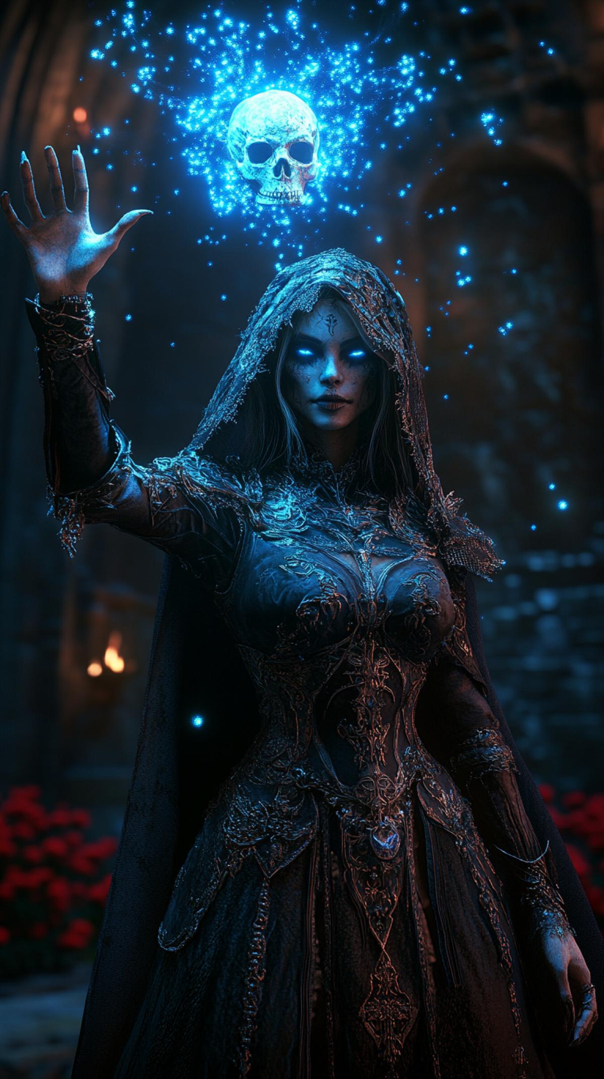 photorealistic 3D rendered fantasy artwork, sorceress with skull-like facial features in a dark medieval setting. wears an elaborate dark dress with an ornate dark corselet and flowing hood, standing with her right arm extended outward. Above her open palm floats a weathered skull surrounded by glowing blue magical energy and luminous particles. medium shot from a low angle,red flowers,with dramatic side lighting creating deep shadows across the subject