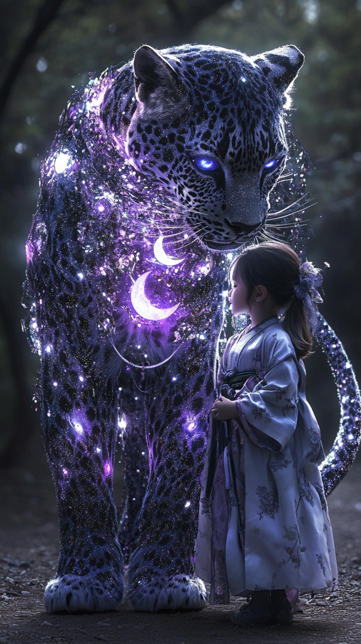 A hyper-realistic divine guardian in the form of a majestic dark and blue leopard spirit, clad in shimmering twilight fur with dancing constellations. His eyes sparkle like twin moons, and his long tail shines like the aurora borealis. Next to him stands a two-year-old girl with straight dark hair, dressed in a soft indigo kimono decorated with silver crescents and shooting stars. The child gently leans against the guardians leg, both illuminated by the light of the setting sun. They stand on cumulus clouds, under a space filled with cosmic energy. Fantasy realism, celestial twilight theme, serene atmosphere. ar 9:16 raw