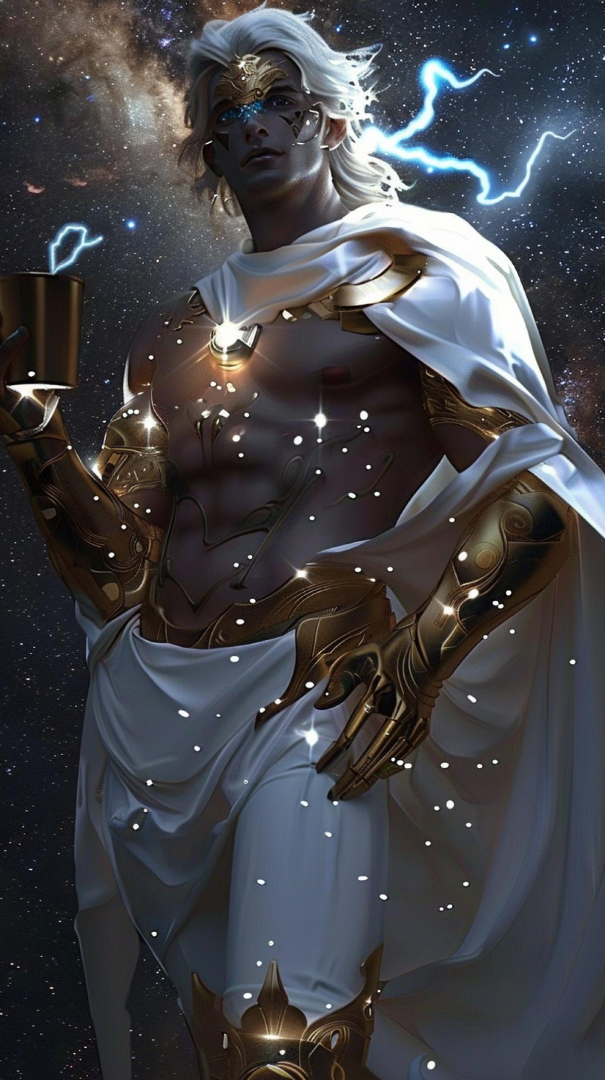 A muscular male figure in a flowing white toga and golden armor stands against the backdrop of the Milky Way. The figure, representing the god of thunder, holds a brown ceramic mug with lightning flashing from it in his left hand, and extends his right hand towards the viewer. Flashing white and blue lightning emanates from his outstretched right hand, creating a bright, shining aura that illuminates the surrounding area. His posture is powerful and commanding, his feet firmly planted on the ground.