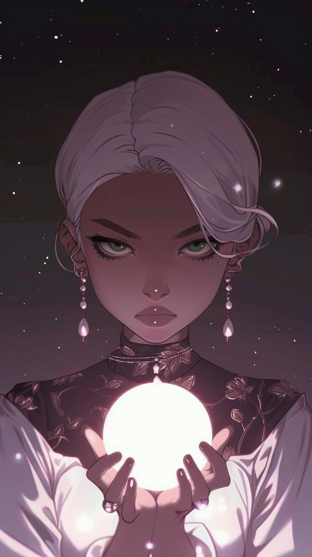 A young woman with bright green eyes and white short-cropped hair, adorned with long pearl earrings, holds a glowing, shimmering orb of manic energy in her hands. She wears a white blouse with a dark floral pattern, and her face expresses serene thoughtfulness. The background is a dark starry night sky, which adds to the mystical atmosphere of this scene.