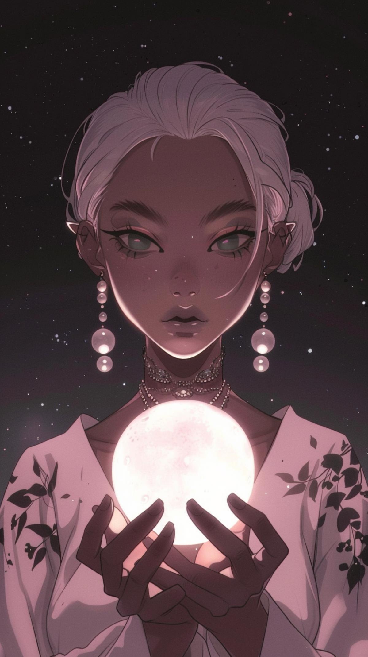 A young woman with bright green eyes and white short-cropped hair, adorned with long pearl earrings, holds a glowing, shimmering orb of manic energy in her hands. She wears a white blouse with a dark floral pattern, and her face expresses serene thoughtfulness. The background is a dark starry night sky, which adds to the mystical atmosphere of this scene.