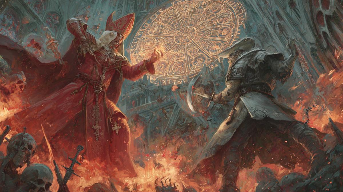 The battle of the medieval sorcerer and the Inquisitor, magic against religion, the victory of the sorcerer, the sur