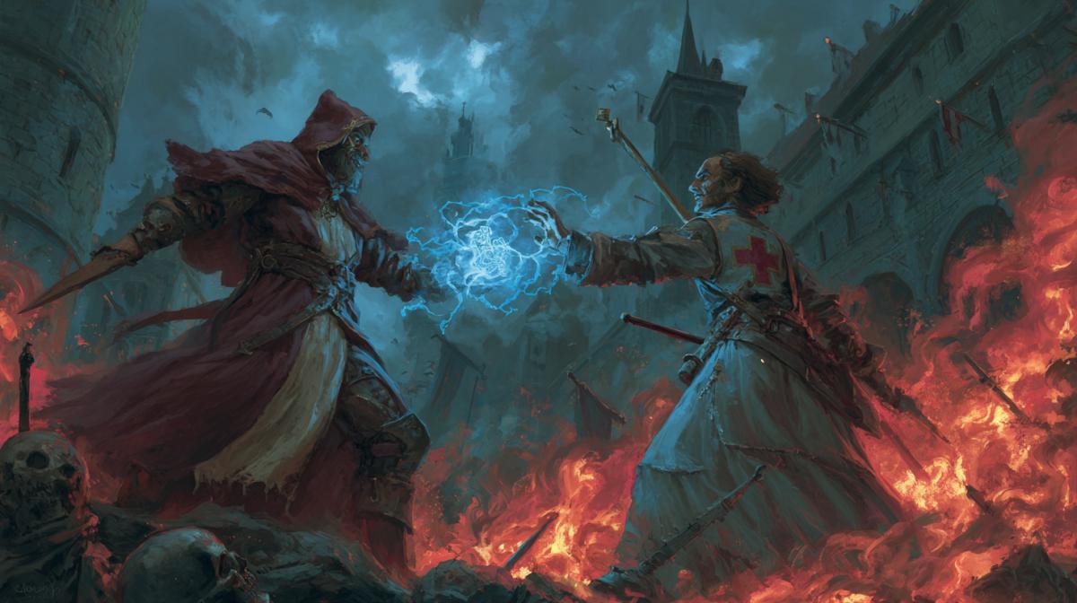 The battle of the medieval sorcerer and the Inquisitor, magic against religion, the victory of the sorcerer, the sur