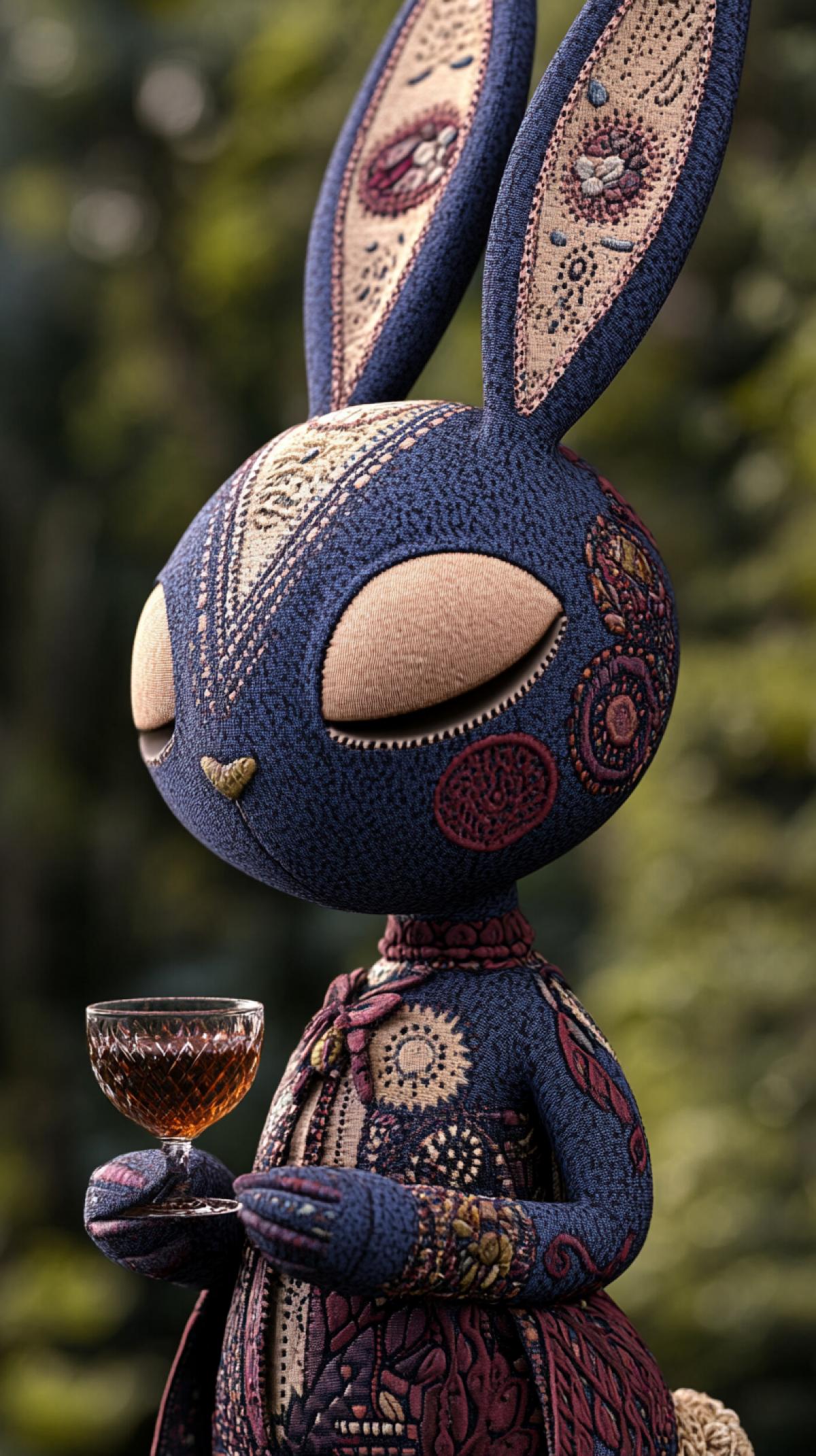 Punk Plush: Avant-garde Digital Style | Trendy plush bunny from planet Pandora, holding a glass of cocktail in her hands. The bunny is decorated with flowing mosaic patterns, recreated as beautiful organic 3D models | botanical patterns with embroidery. Blurred background of blue-green forest with bokeh effect, emphasizing form and texture | Centered com4k, medium ground | Soft diffused lighting with subtle glossy highlights | Flowing geometry; sculptural elegance; biomorphic design.