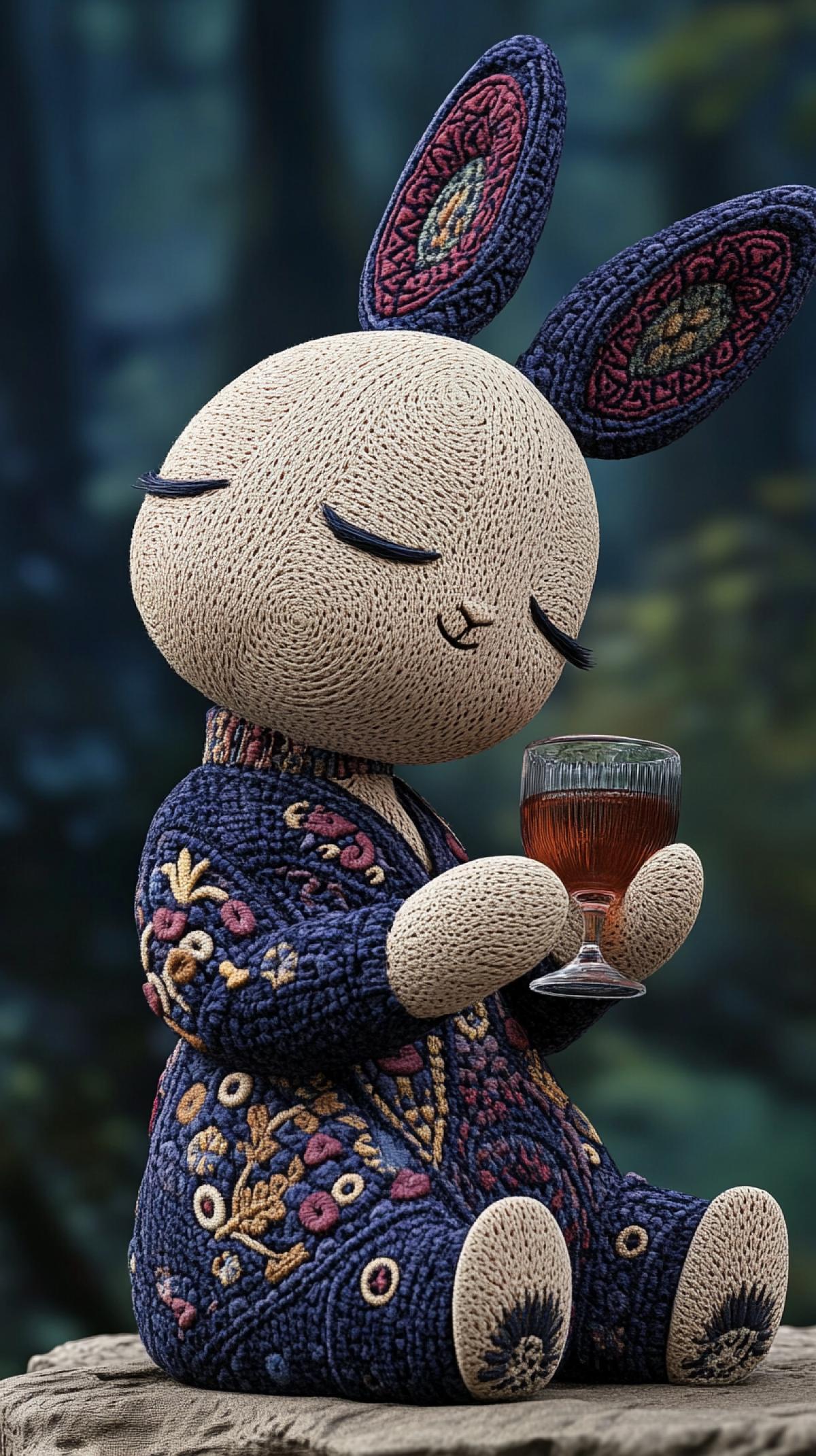 Punk Plush: Avant-garde Digital Style | Trendy plush bunny from planet Pandora, holding a glass of cocktail in her hands. The bunny is decorated with flowing mosaic patterns, recreated as beautiful organic 3D models | botanical patterns with embroidery. Blurred background of blue-green forest with bokeh effect, emphasizing form and texture | Centered com4k, medium ground | Soft diffused lighting with subtle glossy highlights | Flowing geometry; sculptural elegance; biomorphic design.