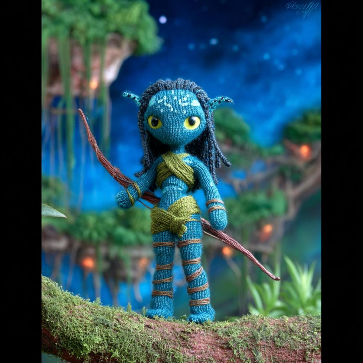 Knitted amigurumi figure of the \"Avatar\" movies, Neitiri, set against the backdrop of the Pandora planet, the Navi Soul Tree
