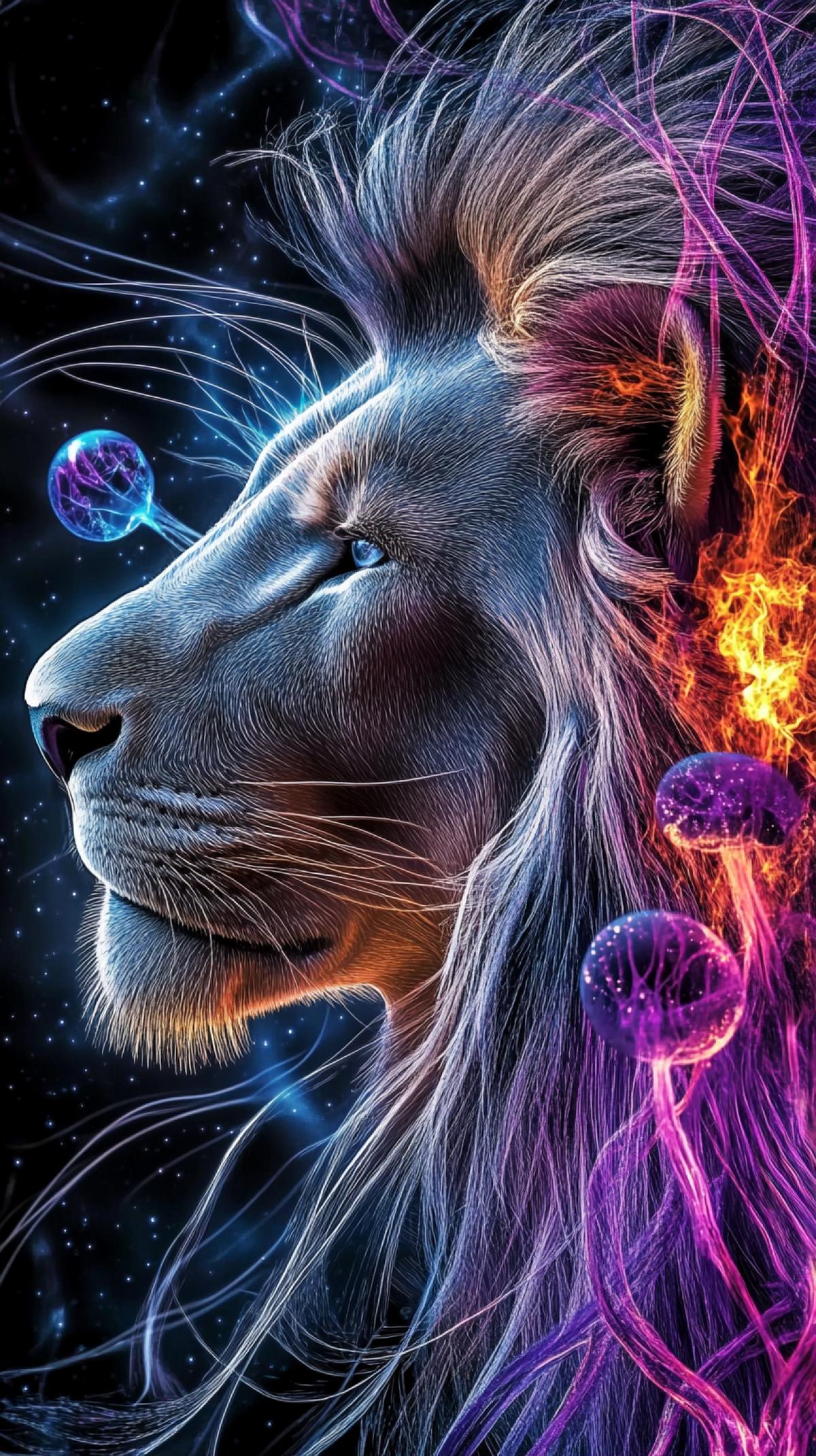 Double exposure, lion half emerging from crystal wall, transparent fire + fire flash in background, purple mane, silver hair, sitting jellyfish made of threads + petals + Pandora planet particles + marble + neurons flying away, small threads, dark background Milky Way, colorful, sharp detail + fine detail rendering + hyper detail, HDR, 32k, 30mm lens, 1/250 sec, f/2.8, ISO 100, hyperrealistic.