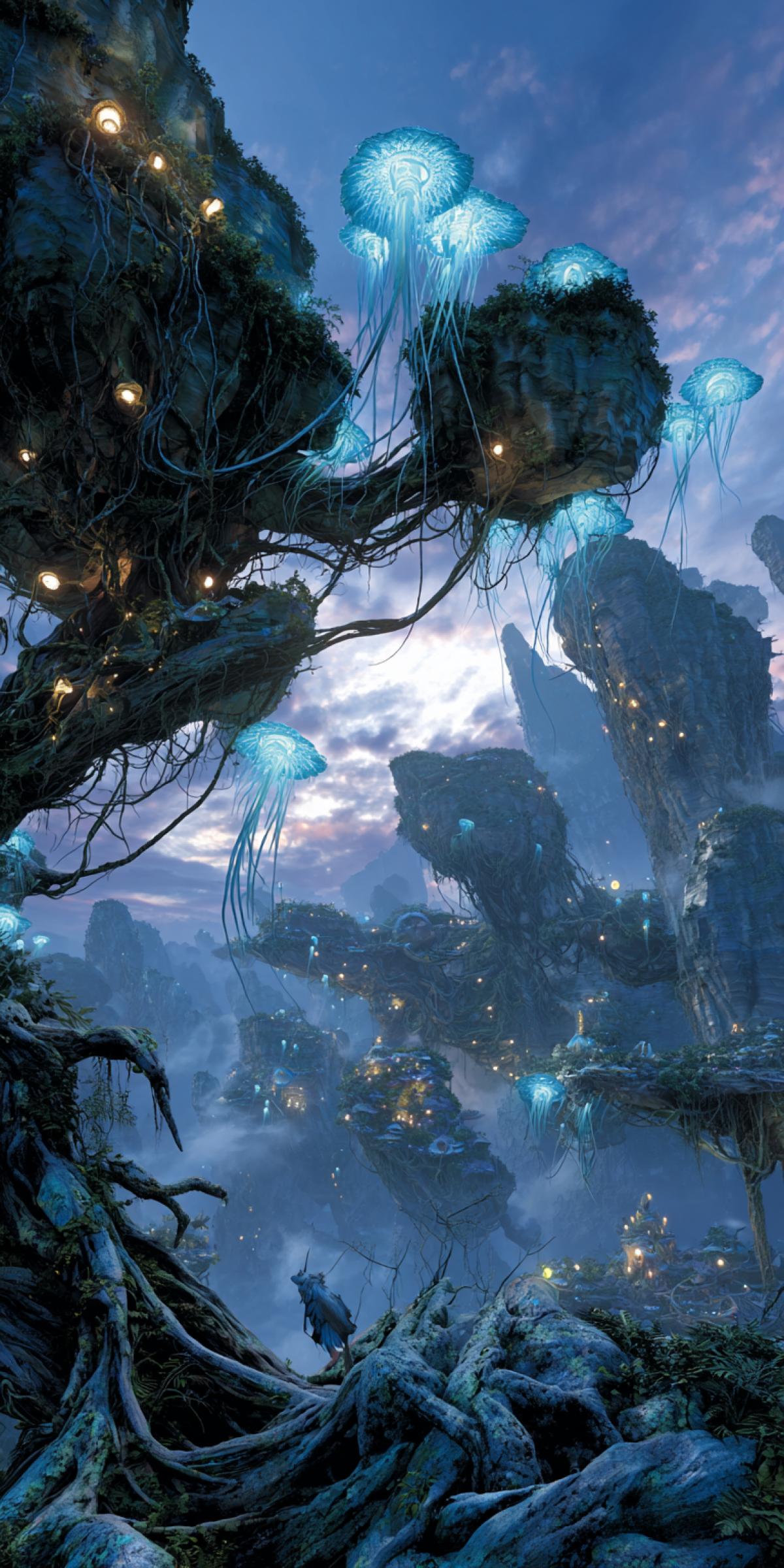 A secret tribe of Navi adapted to live on floating mountains, their skin covered in cloud-like patterns that shift color. They ride winged creatures resembling manta rays with wings, hunting glowing jellyfish-like organisms in the sky. The scene shows their village of woven air roots and floating lanterns made from bioluminescent seed pods. 16K cinematic, James Cameron’s Avatar style with Studio Ghibli’s dreaminess, ultra-detailed Pandora ecology
