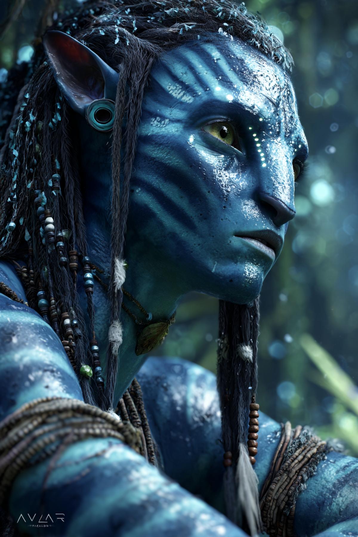 Navi warriors face in bioluminescent forest lighting\"** . *\"Portrait of a Navi hunter kneeling in Pandoran jungle, face illuminated by glowing plants. Focus on: . Stripe patterns reacting to nearby flora . Beads of sweat mixing with bioluminescent pollen . Neural queue loosely draped over shoulder . Background blurred with faint hints of floating seeds. 8K cinematic portrait, Avatar movie style, Canon EOS R5 realism