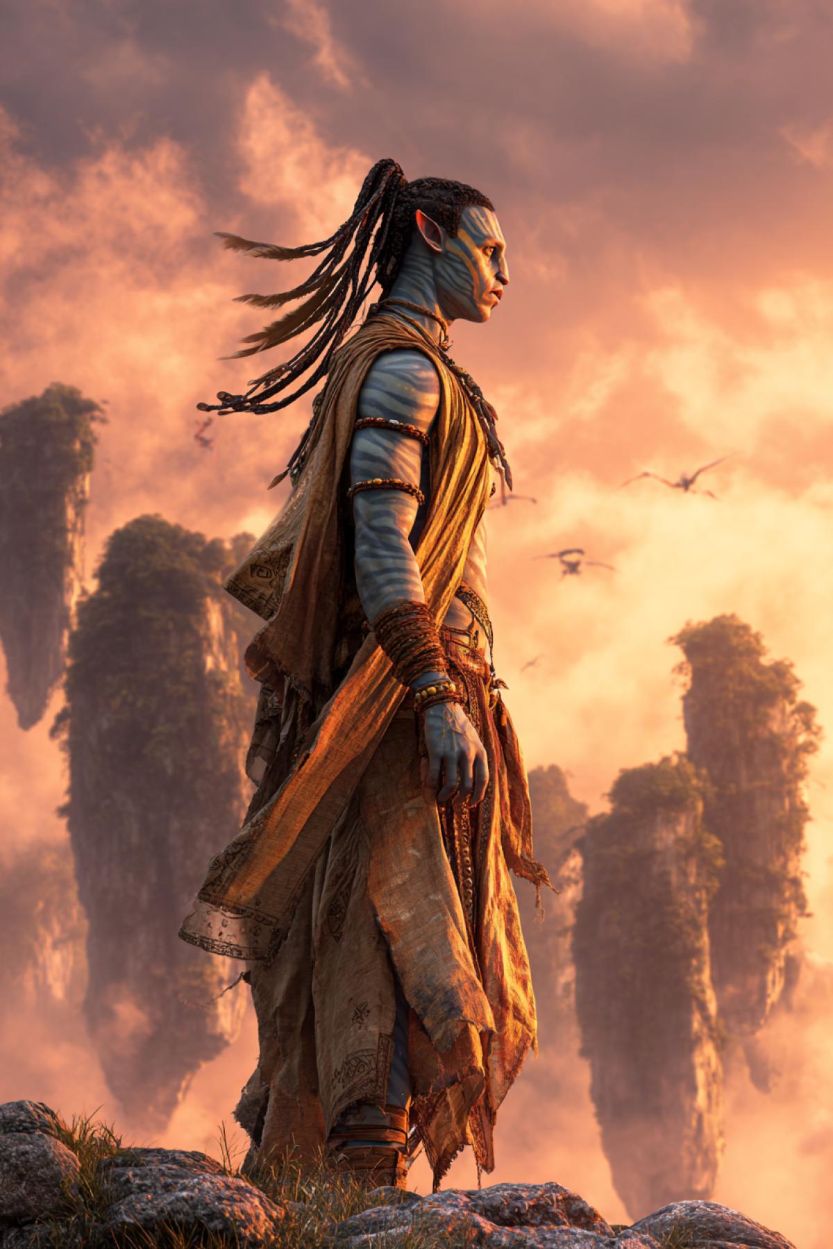 Navi warrior standing atop floating mountains at sunset\"** . *\"A tall Navi male in ceremonial gear looks into the distance, his braided hair blowing in the wind. The golden light highlights his facial markings while his bioluminescent freckles begin to glow. Floating rock formations and Banshees in flight visible behind him. 16K cinematic shot, official Avatar movie style, ARRI Alexa 65 cinematography