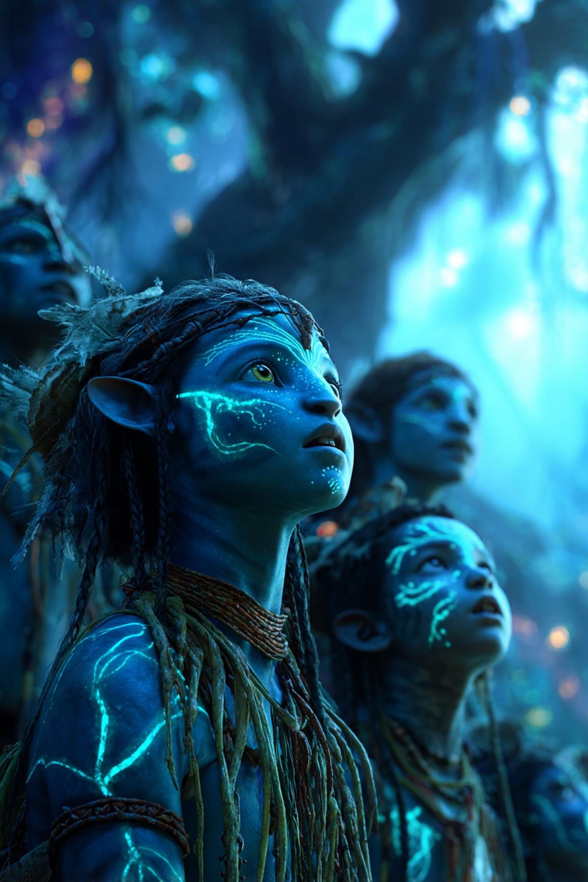 Wide medium shot of Navi villagers connecting their queues to beautiful roots, the glowing neural link illuminating their faces. Children with glowing paint watch in awe as elders chant. The Tree pulses with energy in background. 12K cinematic frame, Avatar: The Way of Water visual style
