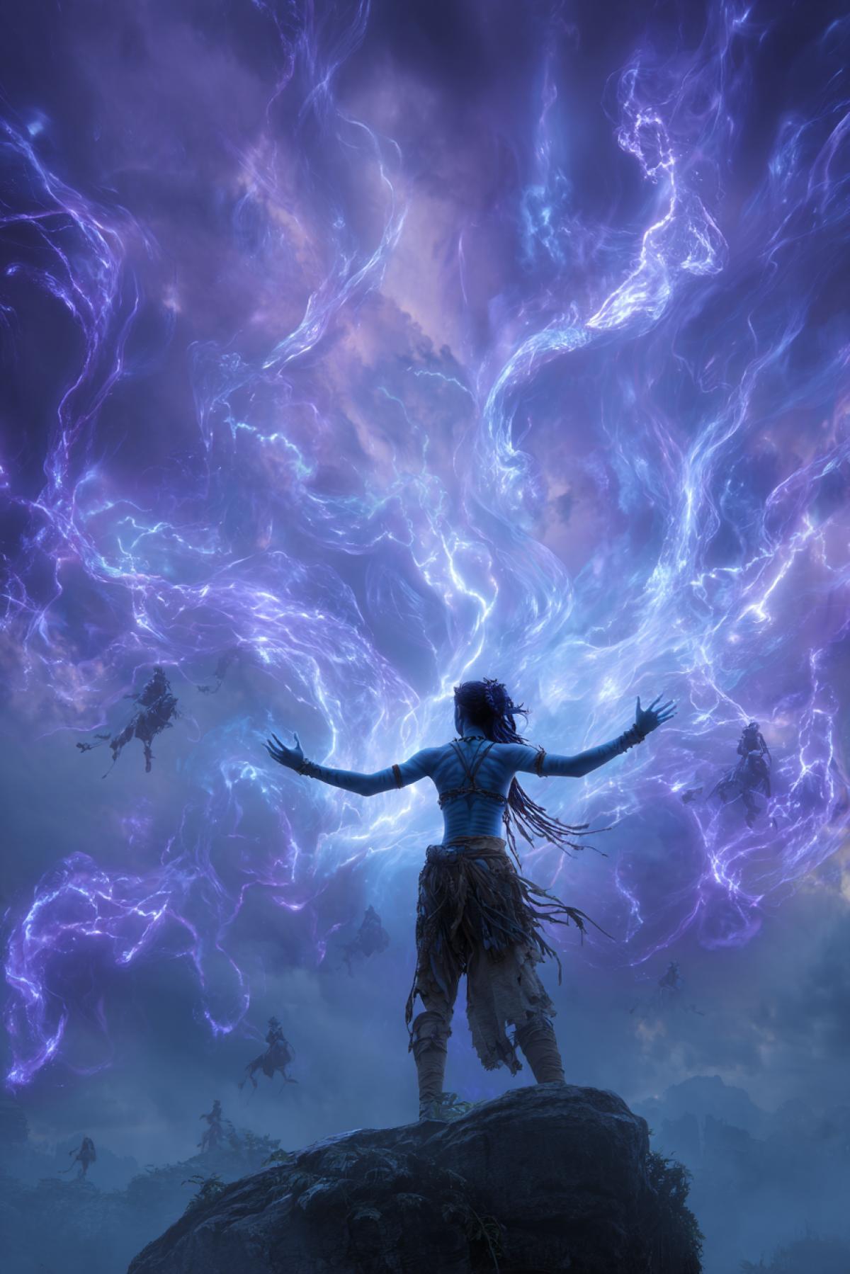 A Navi mystic with electrified hair markings stands on a floating rock, arms outstretched as she manipulates the weather. Jagged lightning connects her fingertips to swirling violet clouds, illuminating the intricate storm-pattern tattoos covering her . Distant ikran riders scatter from the gathering tempest. 16K cinematic shot, Avatar film style with magical realism elements, Sony Venice 6K cinematography