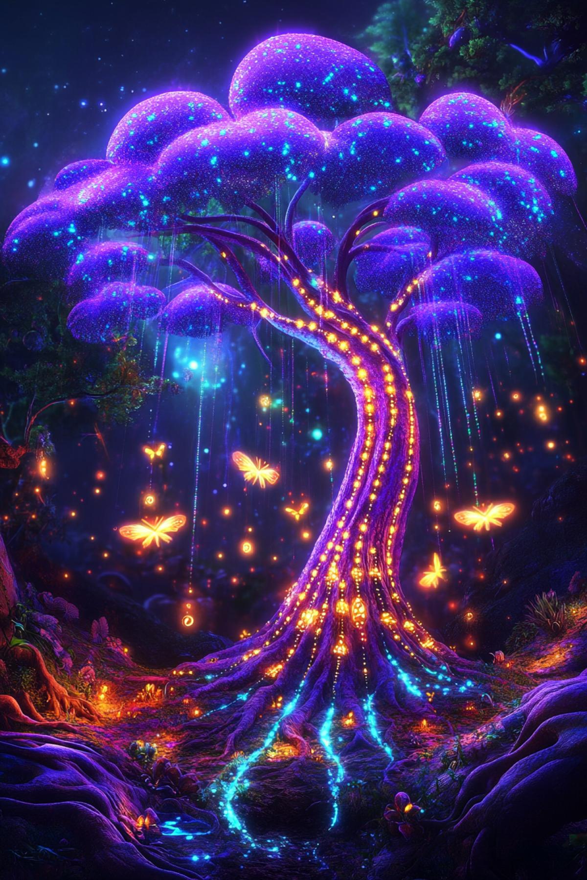 Delicate purple silk flowers, electric thin veins of a big living tree on the planet Pandora, fionite fireflies, growing crystals at the roots of the tree in the center, backlighting glow from the inside, neon effect, delicate smooth electric dark and purple big rays!! with thin golden runes, hovering in the crown of a living tree, textures, rococo fantasy style, hyper-detailed embroidery effect, soft diffused lighting, cinematic depth of field