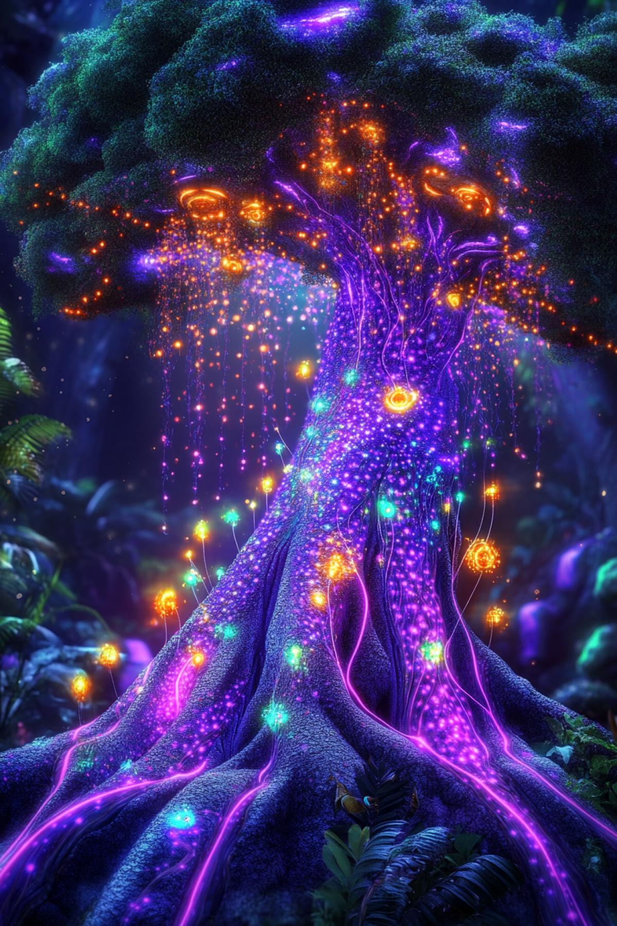 Delicate purple silk flowers, electric thin veins of a big living tree on the planet Pandora, fionite fireflies, growing crystals at the roots of the tree in the center, backlighting glow from the inside, neon effect, delicate smooth electric dark and purple big rays!! with thin golden runes, hovering in the crown of a living tree, textures, rococo fantasy style, hyper-detailed embroidery effect, soft diffused lighting, cinematic depth of field
