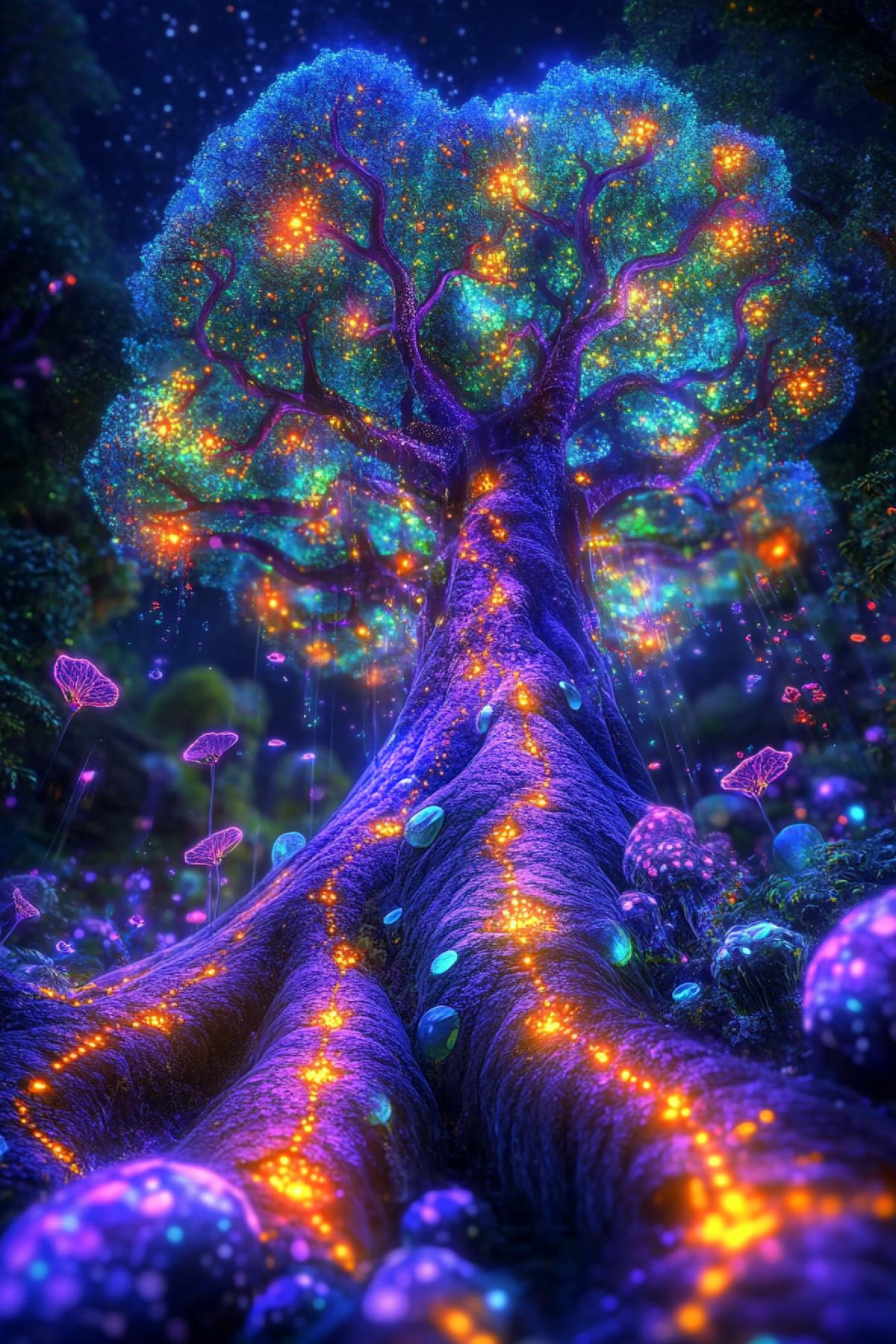 Delicate purple silk flowers, electric thin veins of a big living tree on the planet Pandora, fionite fireflies, growing crystals at the roots of the tree in the center, backlighting glow from the inside, neon effect, delicate smooth electric dark and purple big rays!! with thin golden runes, hovering in the crown of a living tree, textures, rococo fantasy style, hyper-detailed embroidery effect, soft diffused lighting, cinematic depth of field