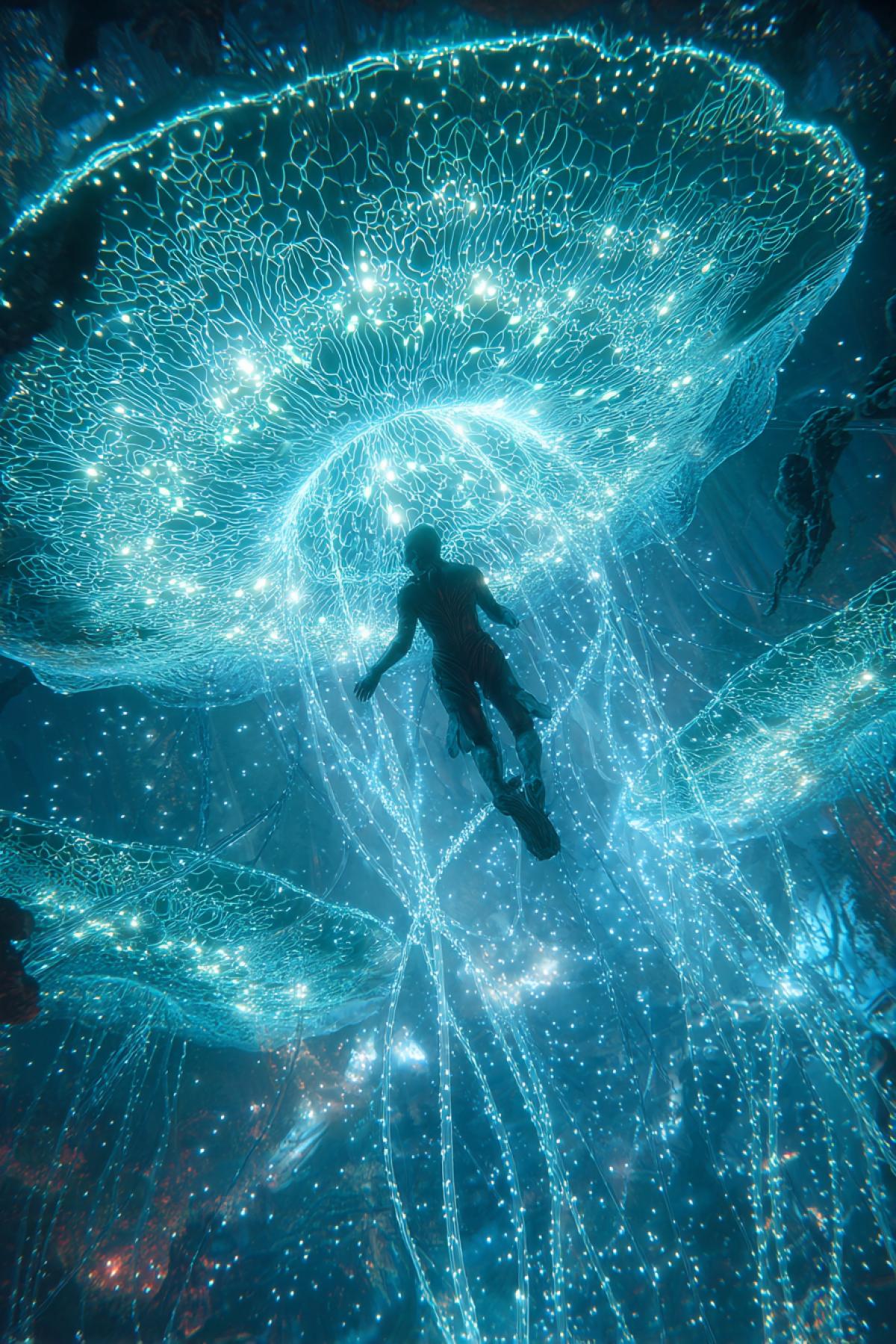 An elderly Metkayina male suspended upside-down in a glowing underwater cavern, his neural queue fused with a colossal jellyfish-like entity. Thousands of tiny luminous fish form shifting constellations around them, projecting holographic memories of ancient tsunamis. 8K underwater scene, Avatar 2 lighting techniques with Abyss-like wonder