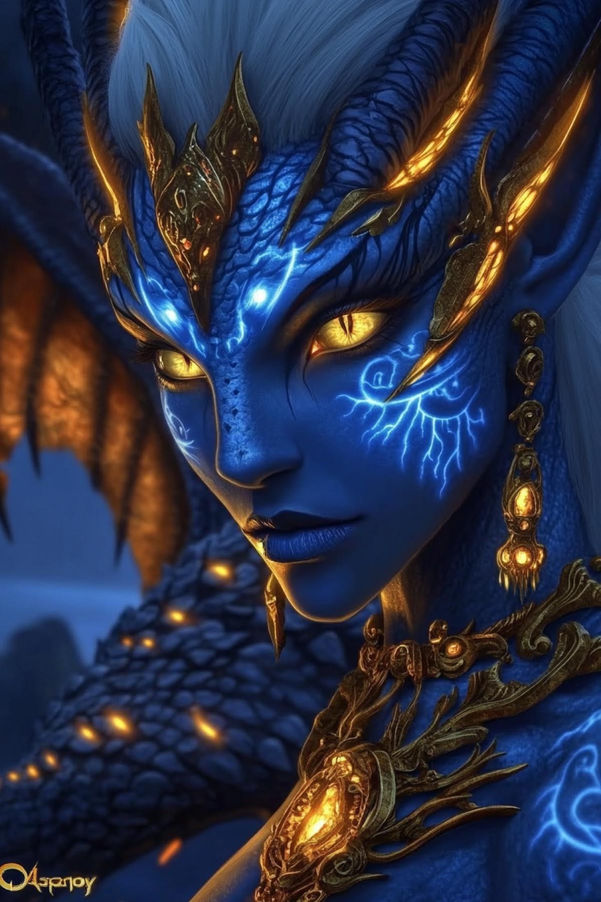 A creature with blue skin a resident of the planet Pandora, glowing blue-gold and white patterns on the . Luxurious gold jewelry, precious stones. Nearby is a dragon with golden glowing eyes and a bright glow from the scales/details. Flickering lights in the air. Mystical, magical atmosphere of the night. Contrast of blue and gold tones. High detail of skin, metal, glow. Deep background with light fog.