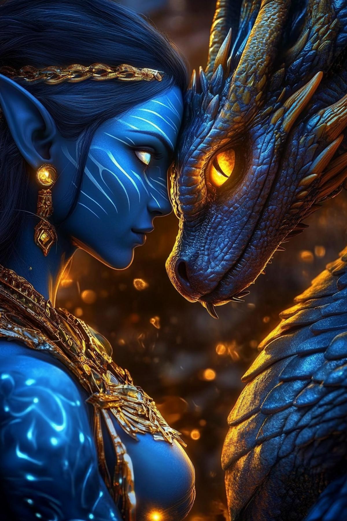 Avatar with blue skin a resident of the planet Pandora, glowing blue-gold and white patterns on the . Luxurious gold jewelry, precious stones. Opposite him is a Dragon with golden glowing eyes and a bright glow from the scales and details. They calmly look at each other. Flickering lights in the air. Mystical, magical atmosphere of the night. Contrast of blue and gold tones. High detail of skin, metal, glow. Deep background with a light fog.