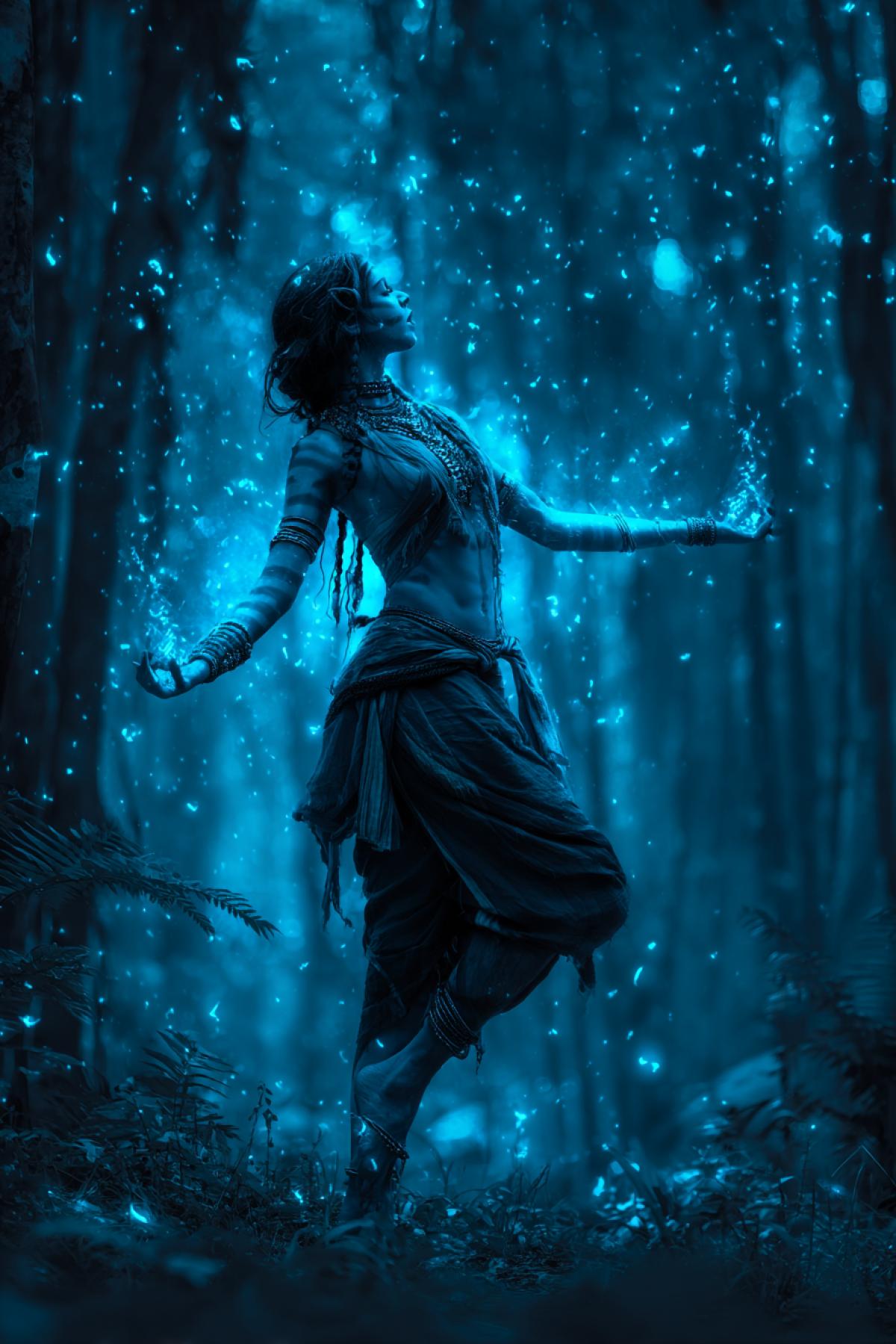 Tribal female sorceress inspired by navy from Avatar, dancing in glowing forest under glowing flying particles, amazing stunning art