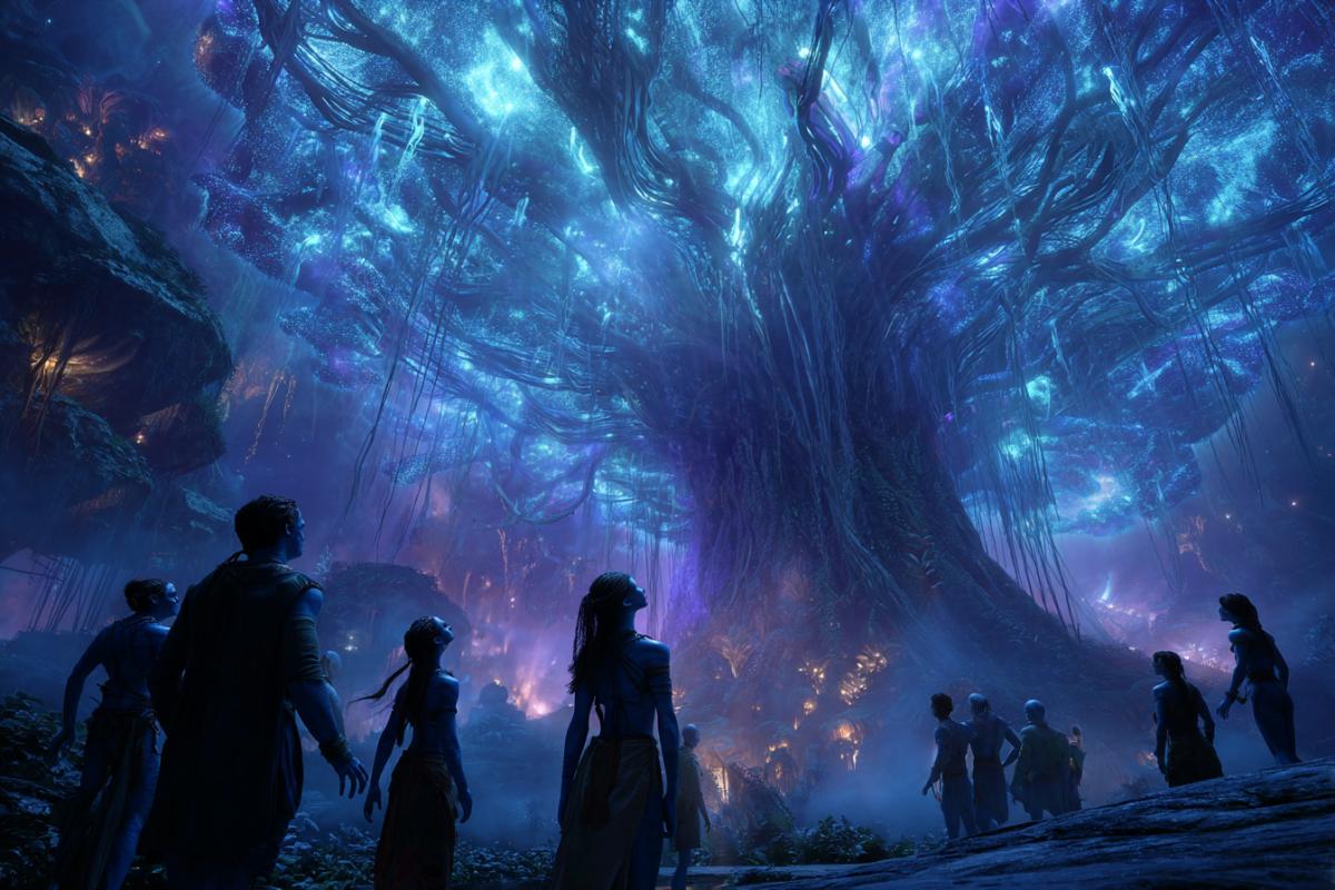 A cinematic still from Avatar featuring the Tree of Souls on Pandora at night. Bioluminescent willow-like tendrils float in the air, connecting to Navi characters standing in reverence. The massive tree roots glow with pulsating energy patterns, illuminating the faces of the Navi (male and female) with soft blue and purple hues. Floating mountains visible in the background through the mist. Ultra-detailed, photorealistic, 8K resolution, vibrant colors, volumetric lighting, James Camerons Avatar style.